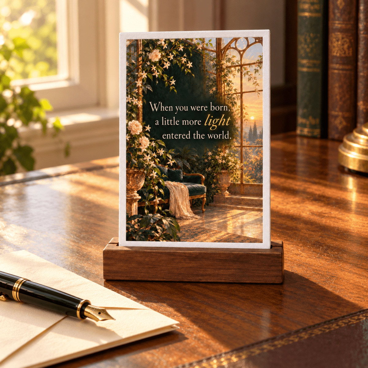 When You Were Born Light Mini Sign | Gilded Reverie, a mini decorative birthday sign in a wooden stand featuring an illustration of a sunlit conservatory and the text, “When you were born, a little more light entered the world.”