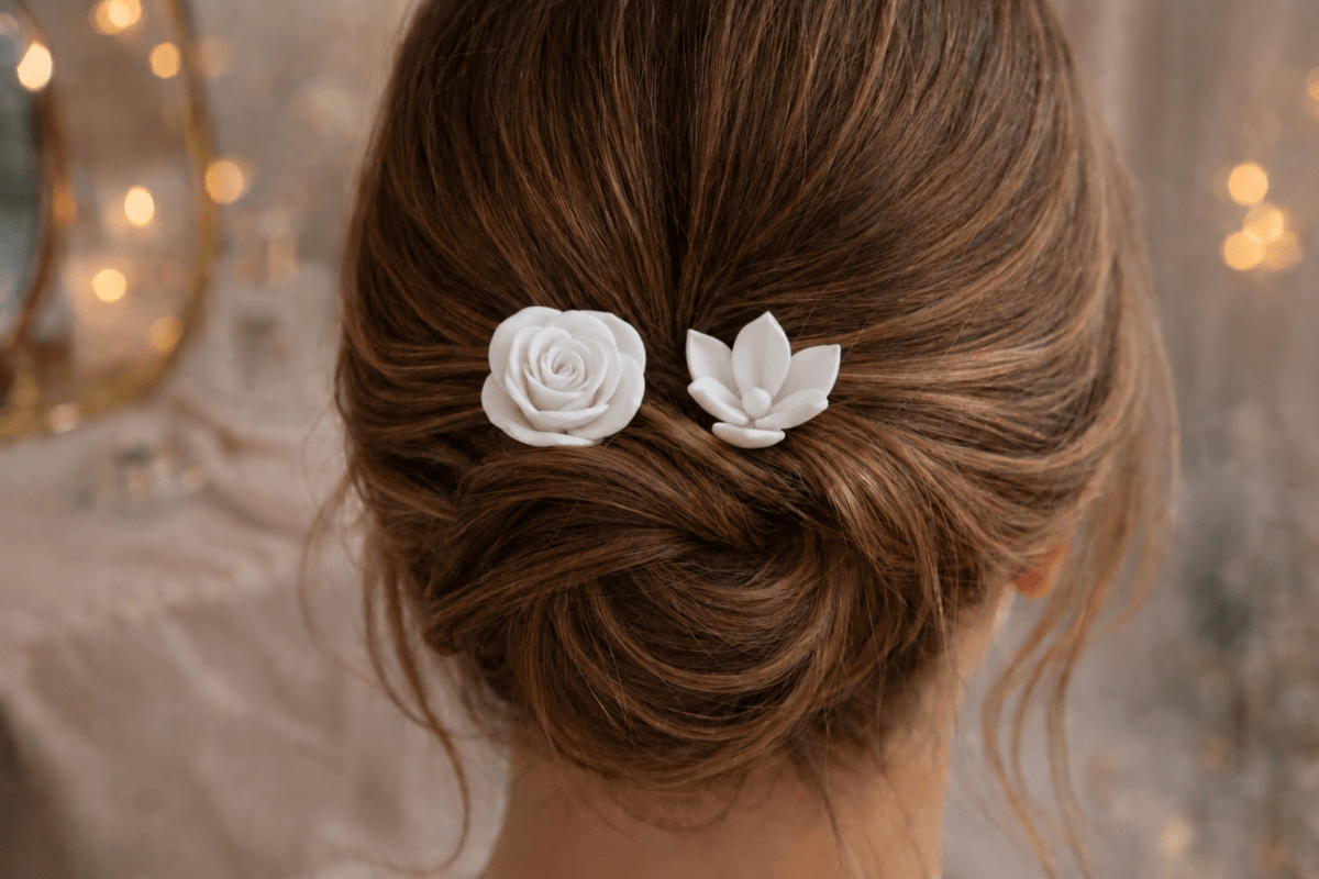 A woman’s hair styled in a low, elegant bun is adorned with the Mirabilia Boutique Rose & Lotus Hair Fork Bundle in Matte Cotton White—two floral accessories—set against a softly blurred, warm background.