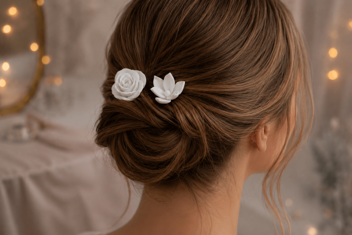 A woman with brown hair styled in a low updo wears the Mirabilia Boutique Rose & Lotus Hair Fork Bundle in Matte Cotton White, floral accessories shaped like a rose and lotus. Soft, warm fairy lights glow in the blurred background.