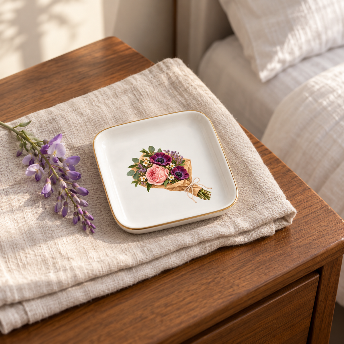 The Florist’s Parcel Jewelry Tray by Mirabilia Boutique is a square floral dish featuring pink and purple flowers, resting on a folded cloth next to a sprig of purple flowers on a wooden bedside table.