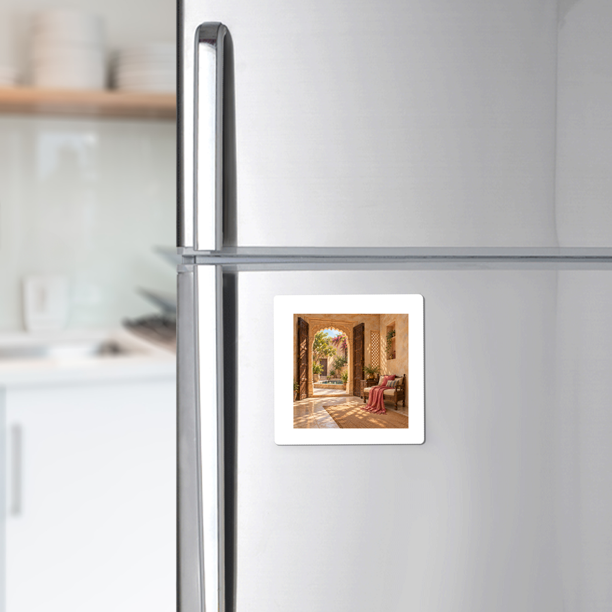 A square The Door Left Open Magnet | Sand & Saffron decorative hardboard magnet featuring an open arched doorway looking out onto a sunlit patio with a bench.