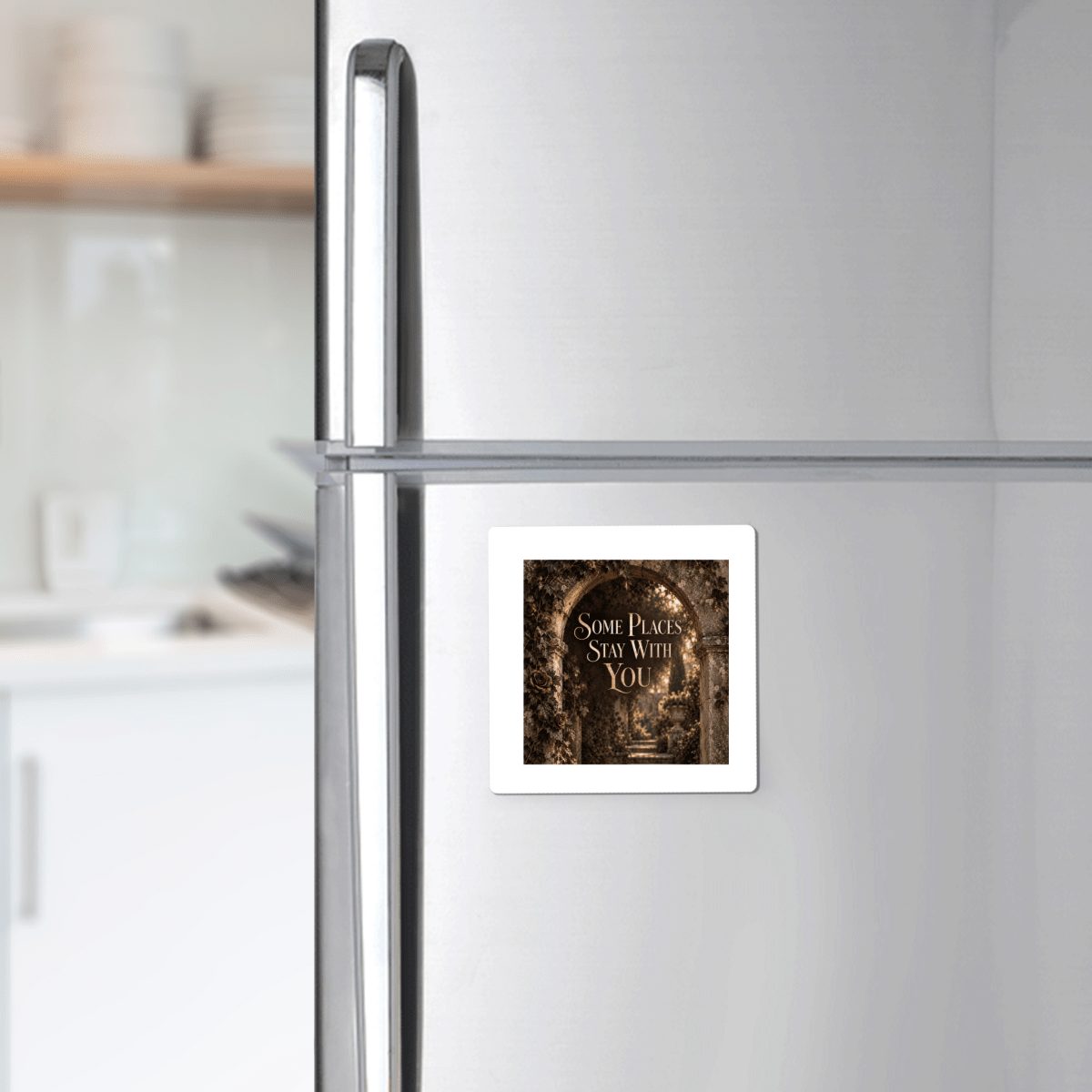 A silver refrigerator features the Some Places Stay With You Magnet by Mirabilia Boutique on its door, displaying the phrase “Some places stay with you.” In the background, a blurred kitchen with shelves and dishes can be seen.