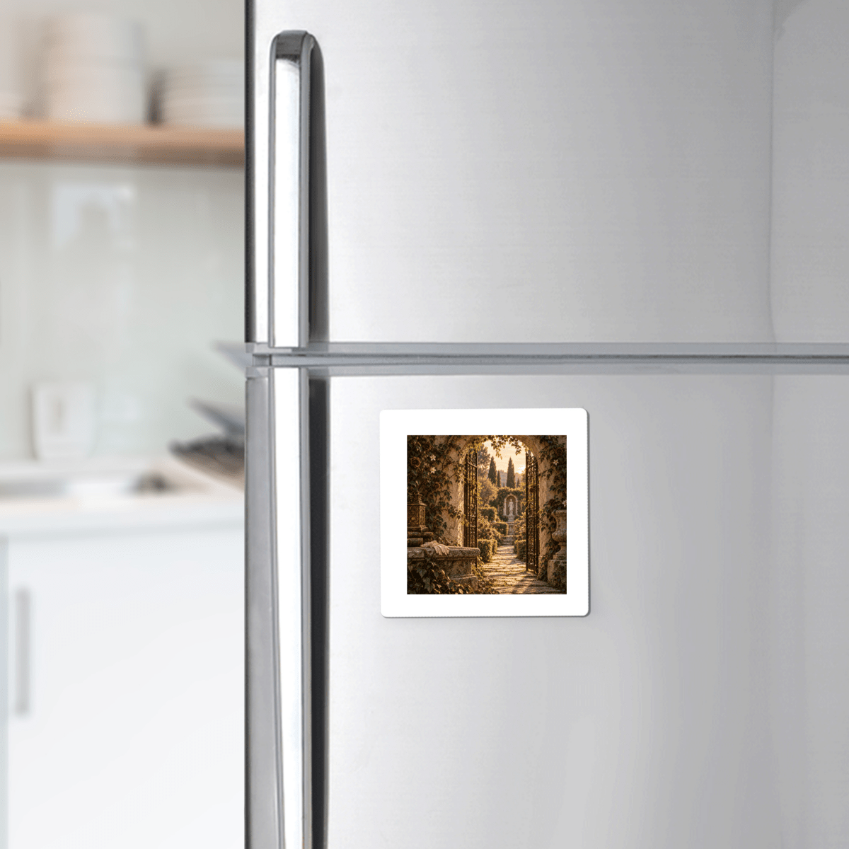 A silver refrigerator adorned with the “Behind the Walled Garden Magnet | Velvet Ruins” by Mirabilia Boutique, featuring a vibrant pathway and stone archway, graces a bright, modern kitchen.