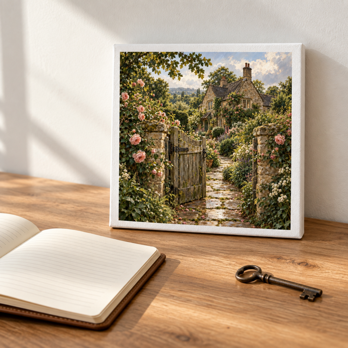 Beyond the Garden Gate Canvas by Mirabilia Boutique, a framed English cottage print of a garden behind an open wooden gate, displayed on a wooden desk next to an open notebook and a vintage skeleton key.