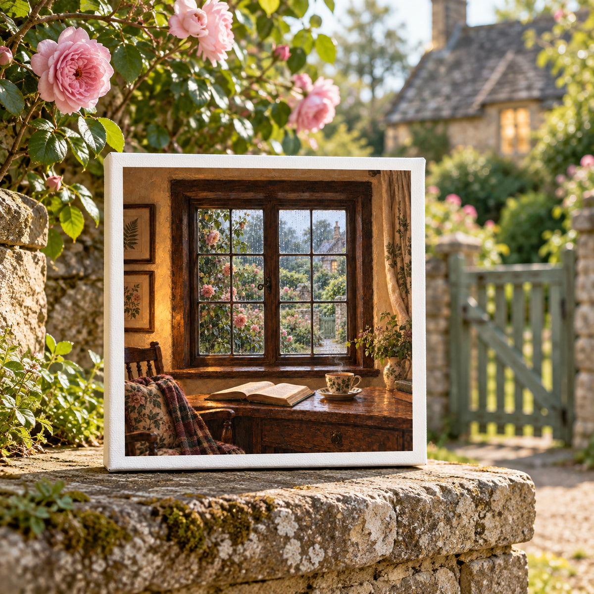 A square Rain at the Window Canvas by Mirabilia Boutique, featuring a cozy reading nook with an open book and a teacup by a rain-streaked window, displayed on a stone wall in a blooming garden.
