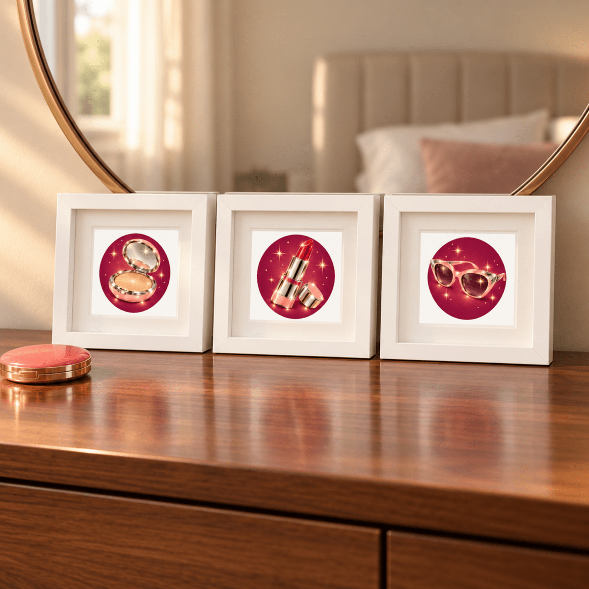 Beauty Rituals of Chrome & Starlight | Mirabilia Relics by Mirabilia Boutique add charm to this softly lit bedroom, displayed on a wooden dresser below a round mirror.