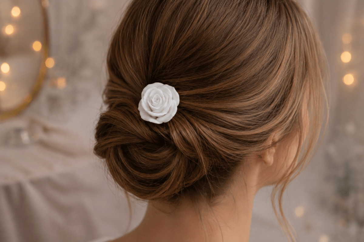 A woman with light brown hair in a low, elegant bun wears the Mirabilia Boutique Rose Hair Fork in Matte Cotton White, seen from behind against a softly lit background with warm fairy lights.