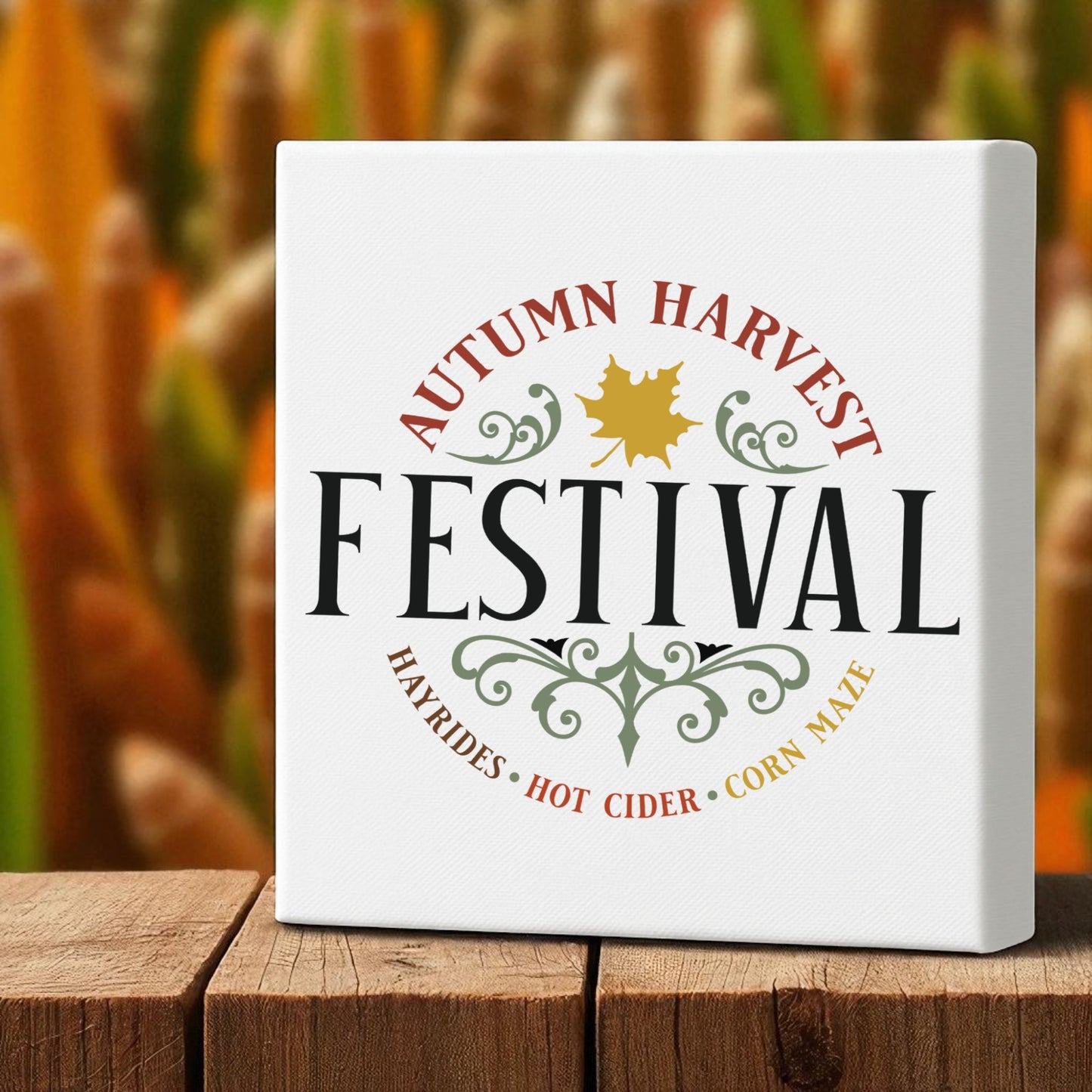 Add farmhouse charm with the Mirabilia Boutique Autumn Harvest Festival Canvas Sign (8x8), featuring a leaf design and "Hayrides, Hot Cider, Corn Maze" text—perfect rustic fall decor for Thanksgiving.