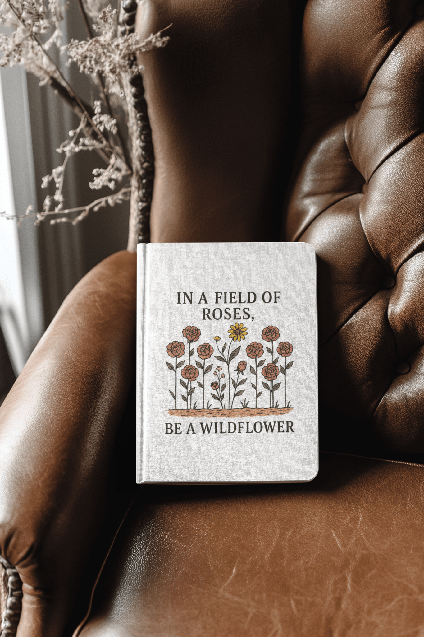 The Be a Wildflower Journal | Motivational Hardcover Notebook by Mirabilia Boutique, featuring a white cover with floral art and an inspiring quote, rests on a brown leather chair—making it a unique gift idea. Dried plants are seen near a window in the background.