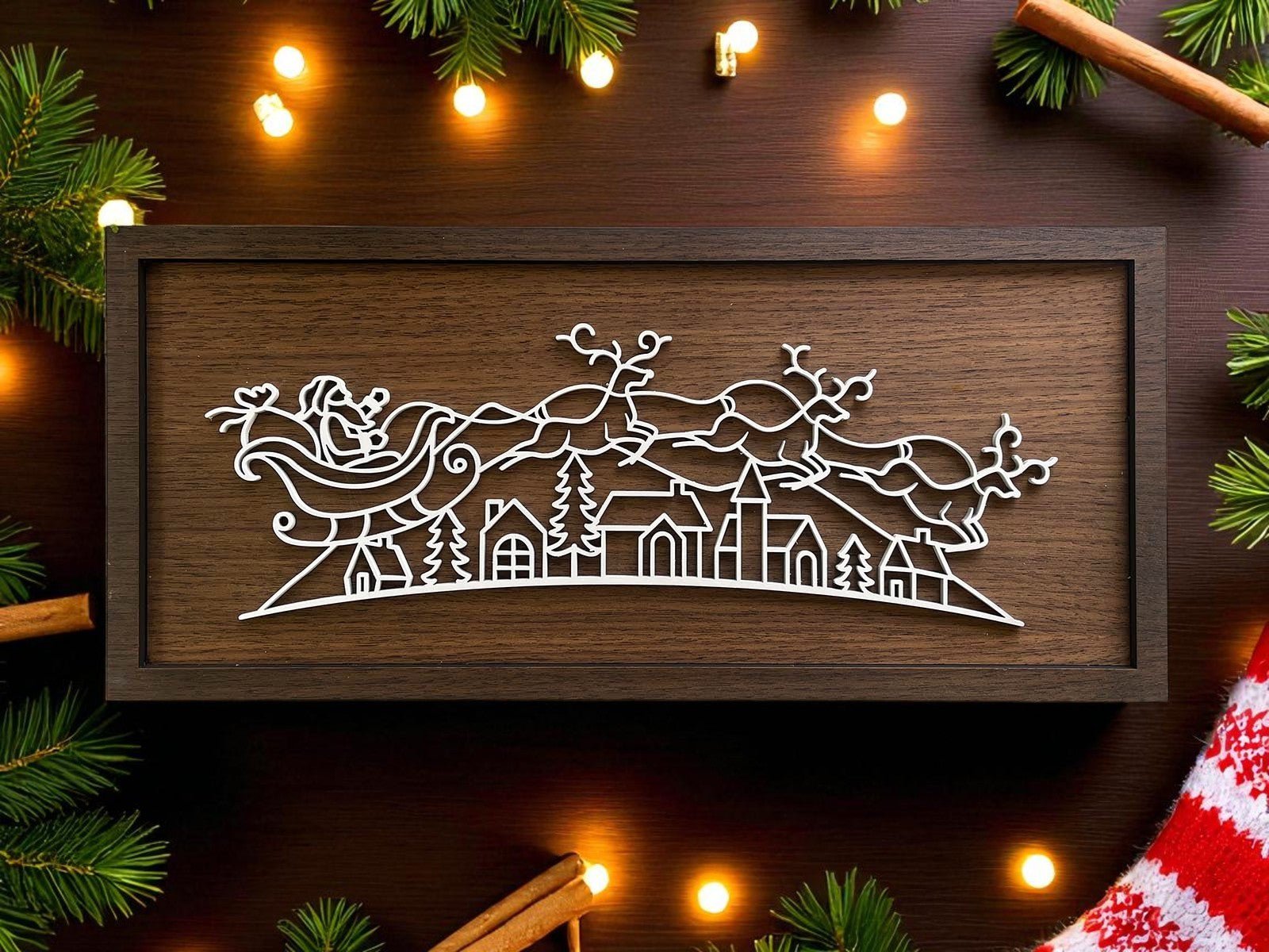 Mirabilia Boutique’s Rustic Santa Sleigh Sign (18x8) is a minimalist wooden artwork featuring Santa flying over a village—perfect for cozy, rustic Christmas decor.