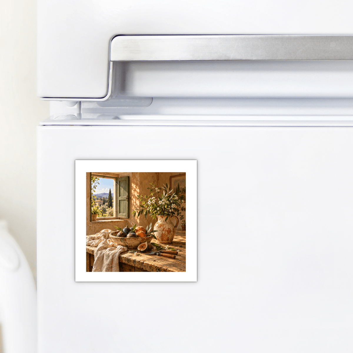 What the Garden Brought Art Magnet | Ochre & Cypress square Tuscan still life magnet on a white refrigerator featuring a bowl of figs and a pitcher of flowers on a rustic wooden table by an open window.