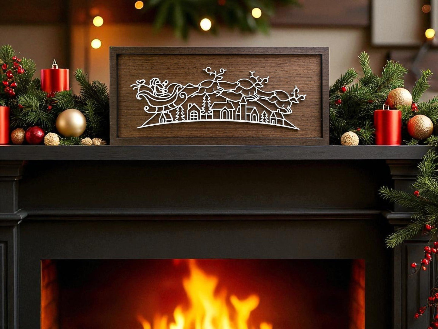 A warmly lit mantel adorned with pine, red ornaments, candles, and Mirabilia Boutique's Rustic Santa Sleigh Sign | 18x8 Minimalist Christmas Decor creates a charming rustic holiday scene.