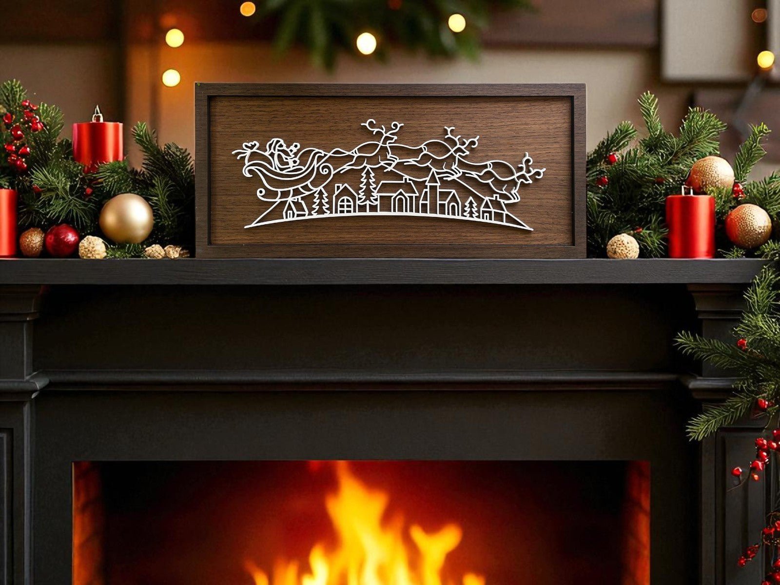A warmly lit mantel adorned with pine, red ornaments, candles, and Mirabilia Boutique's Rustic Santa Sleigh Sign | 18x8 Minimalist Christmas Decor creates a charming rustic holiday scene.