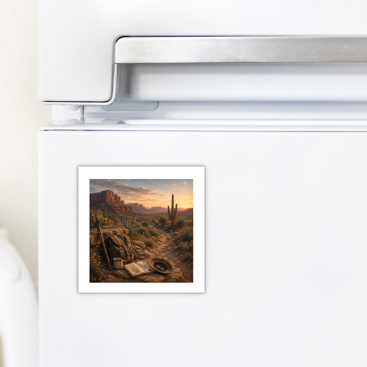 The A Place to Rest Desert Magnet | Sage & Stone by Mirabilia Boutique, featuring cacti and mountains, decorates a white refrigerator door.