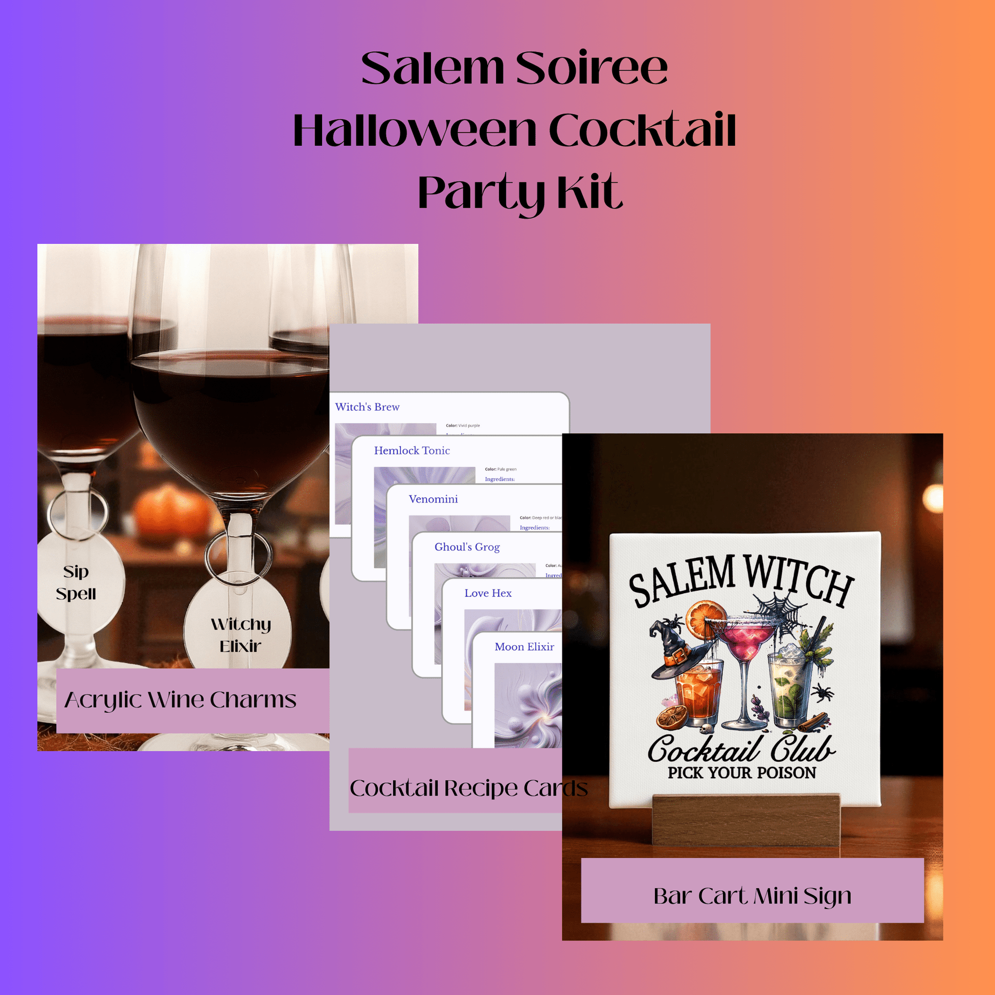 The Salem Soirée Halloween Cocktail Kit by Mirabilia Boutique includes witchy wine charms, spooky cocktail recipes, and a "Salem Witch Cocktail Club, Pick Your Poison" sign—all on a purple-orange gradient background.
