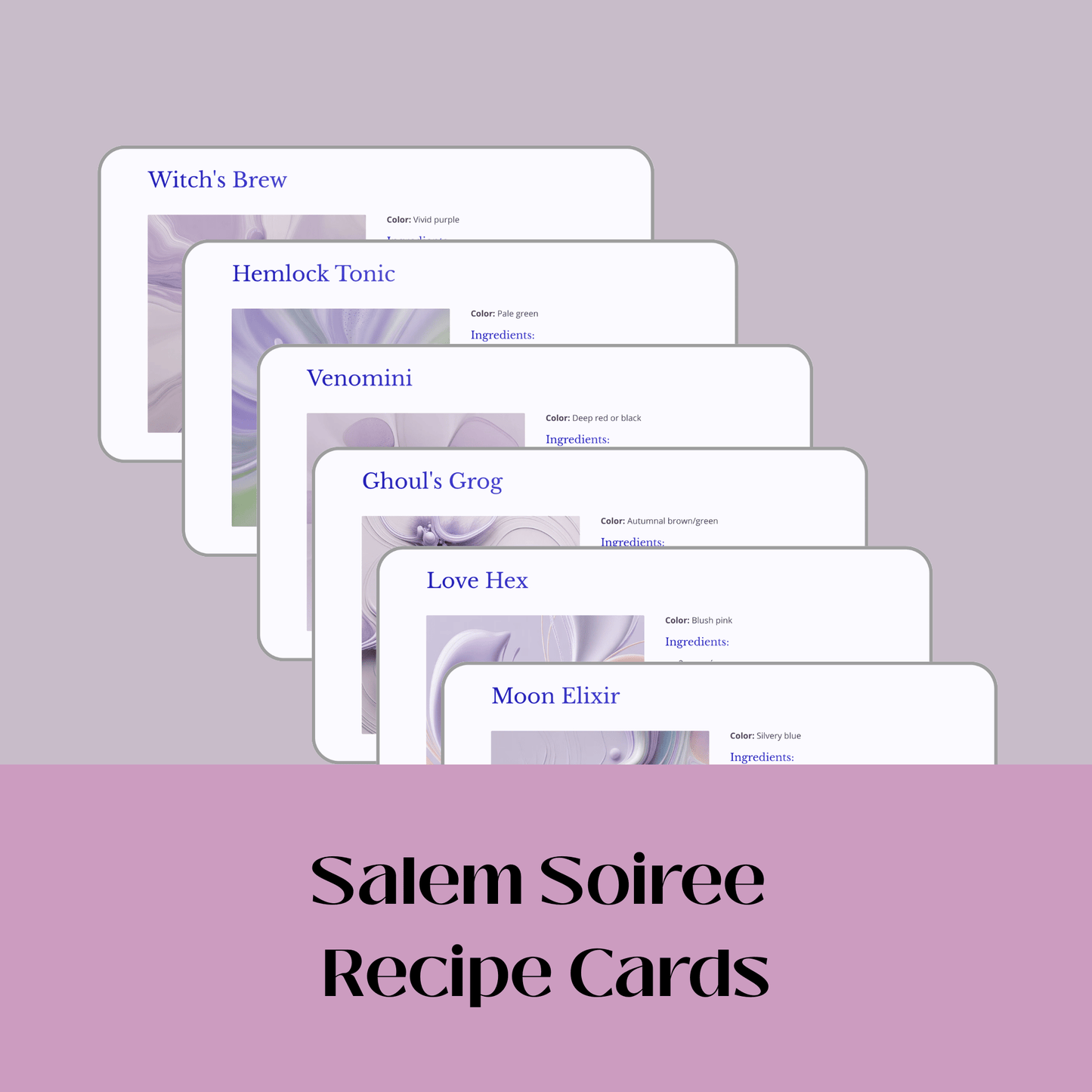 Six pastel recipe cards with mystical names and spooky cocktails fan out above "Salem Soirée Halloween Cocktail Kit" by Mirabilia Boutique, shown on a mauve background. Includes wine charms, recipes, and sign for your Halloween party.