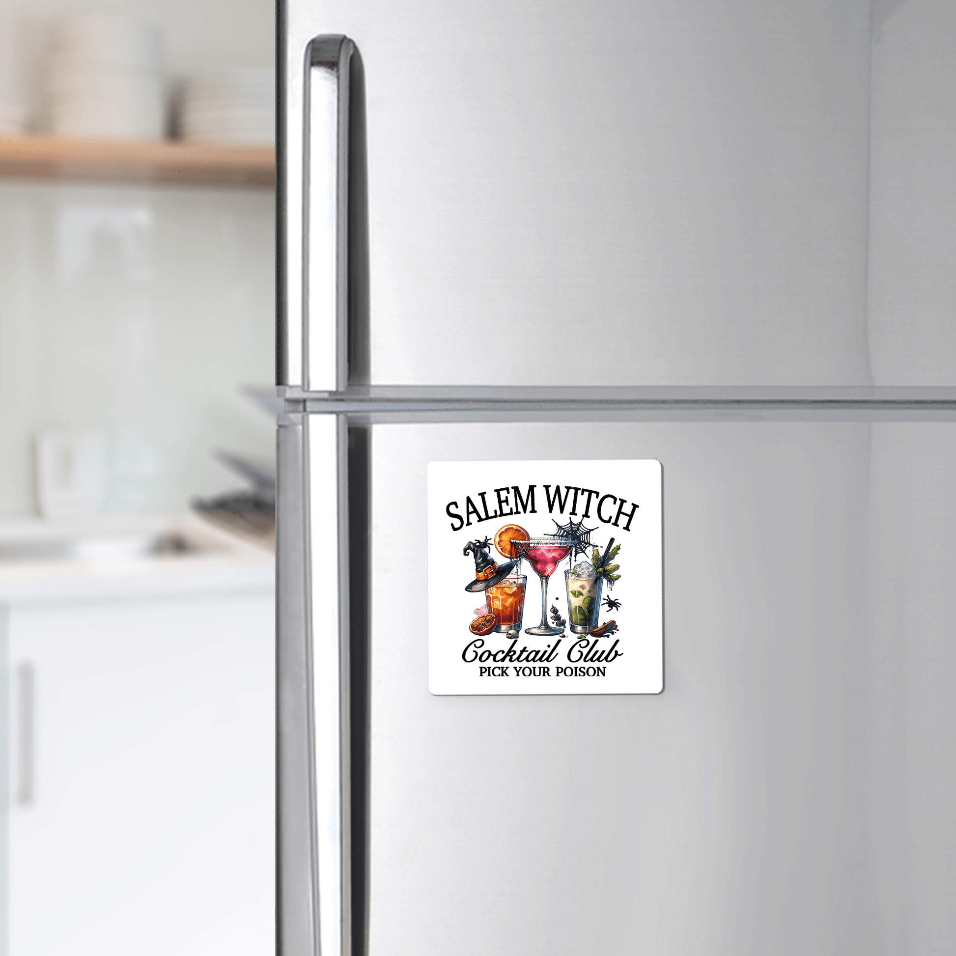 Add a witchy touch to your kitchen with the Mirabilia Boutique Salem Witch Cocktail Club Magnet, perfect Halloween fridge decor.