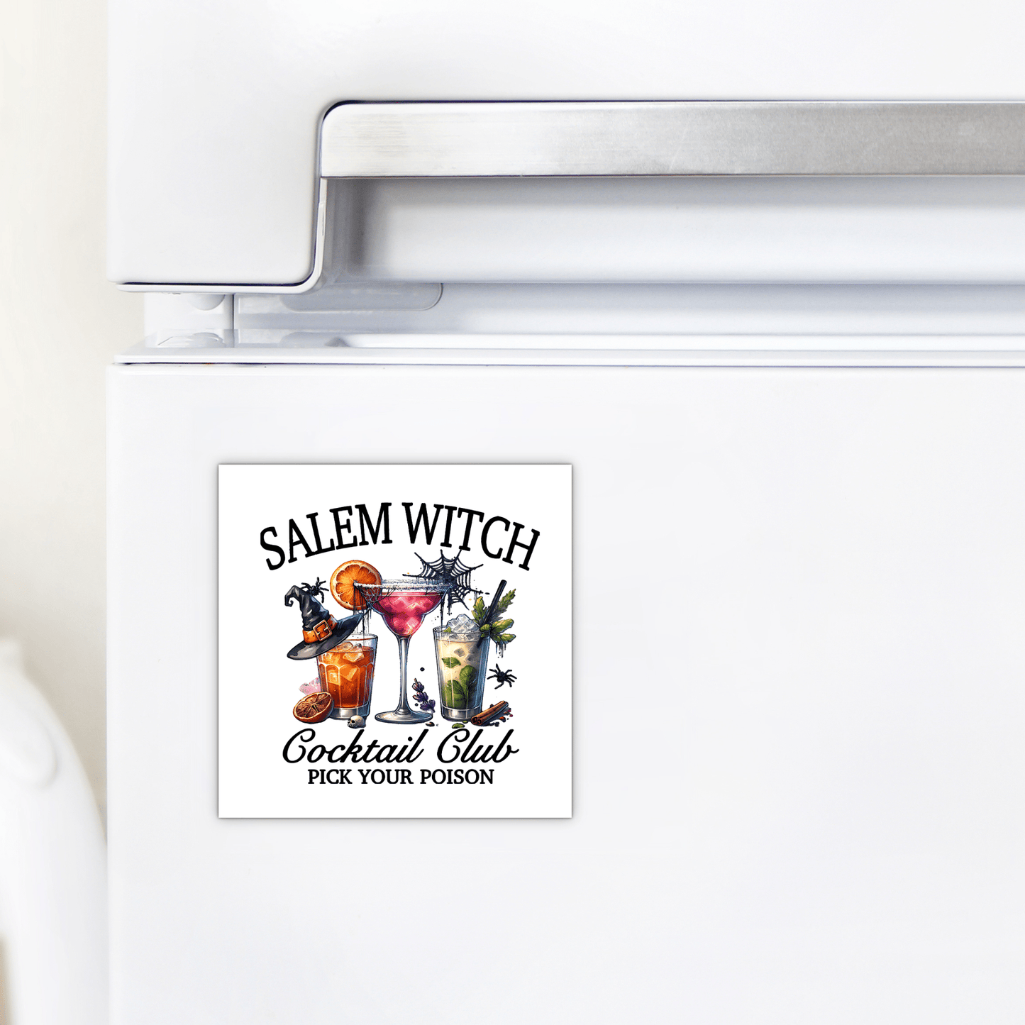 The Salem Witch Cocktail Club Magnet by Mirabilia Boutique brings a festive Halloween vibe and witchy charm to your white refrigerator decor.