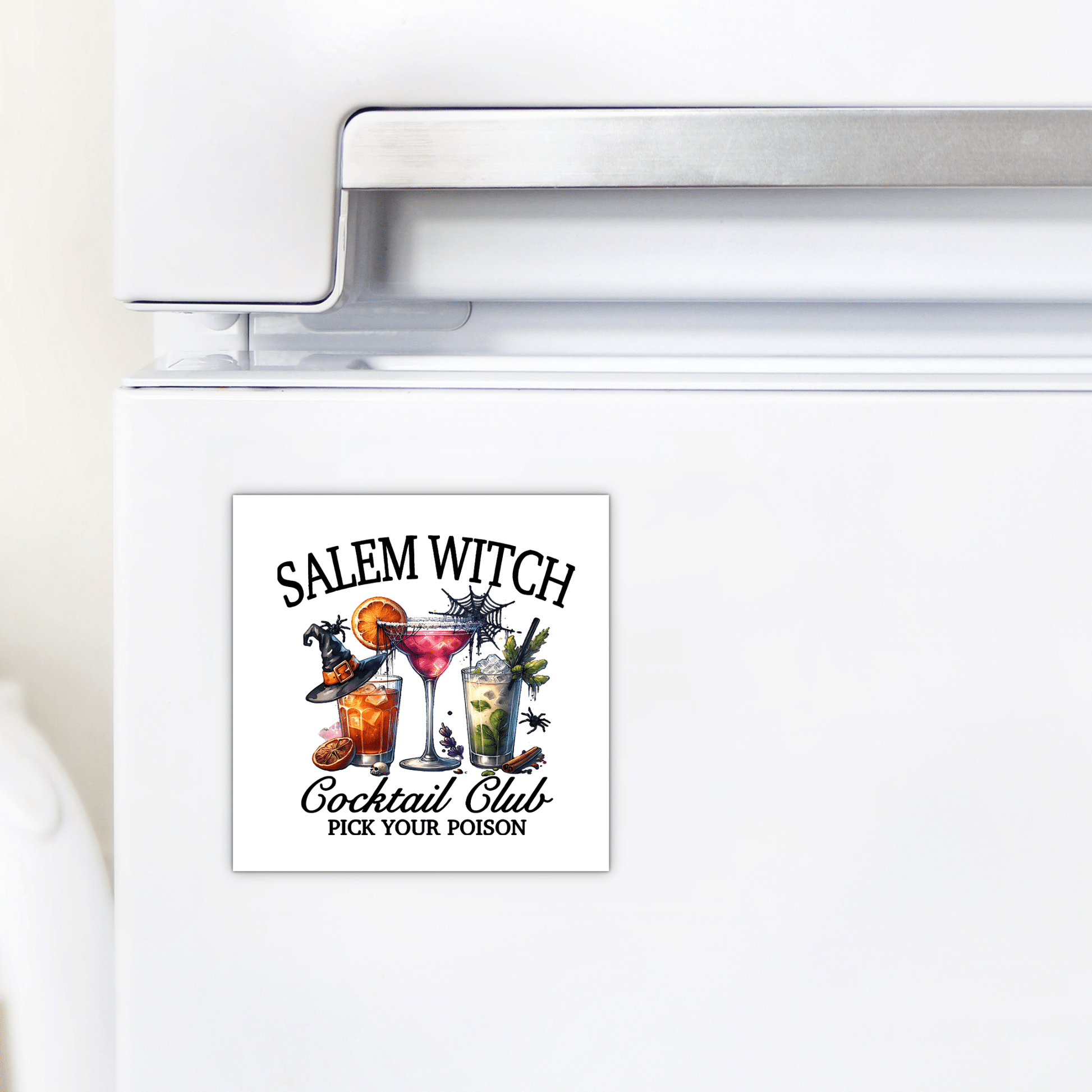 The Salem Witch Cocktail Club Magnet by Mirabilia Boutique brings a festive Halloween vibe and witchy charm to your white refrigerator decor.