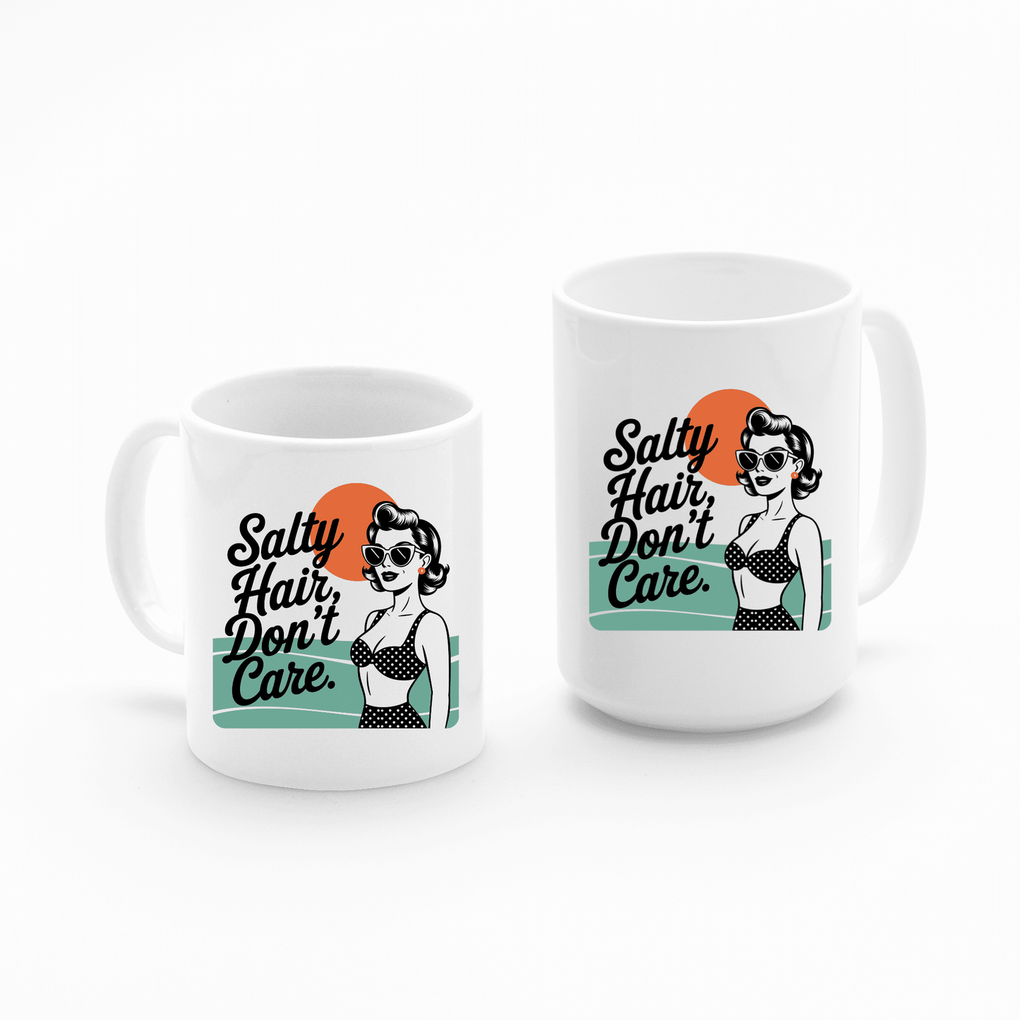 The Salty Hair Don’t Care Mug – Retro Beach Babe Vibes by Mirabilia Boutique features fun illustrations of women in sunglasses and polka-dot swimsuits with an orange sun—perfect for your coastal coffee mug collection.
