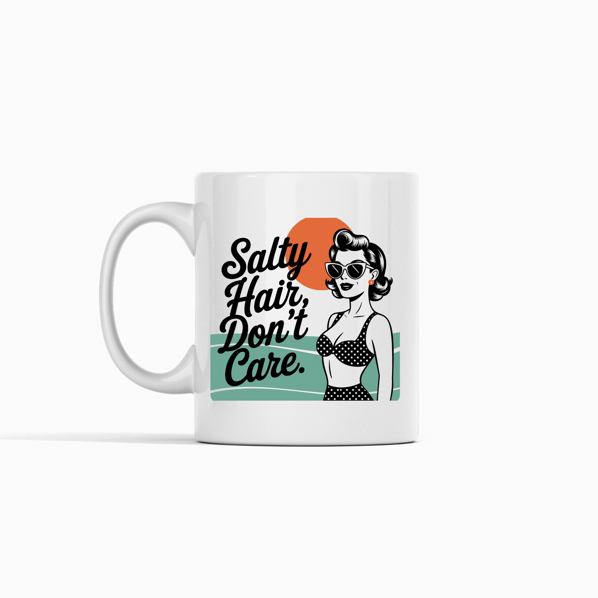 Sip in style with the Salty Hair Don’t Care Mug – Retro Beach Babe Vibes by Mirabilia Boutique, featuring a woman in sunglasses and polka-dot bikini with bold text—your new favorite beach mug!.