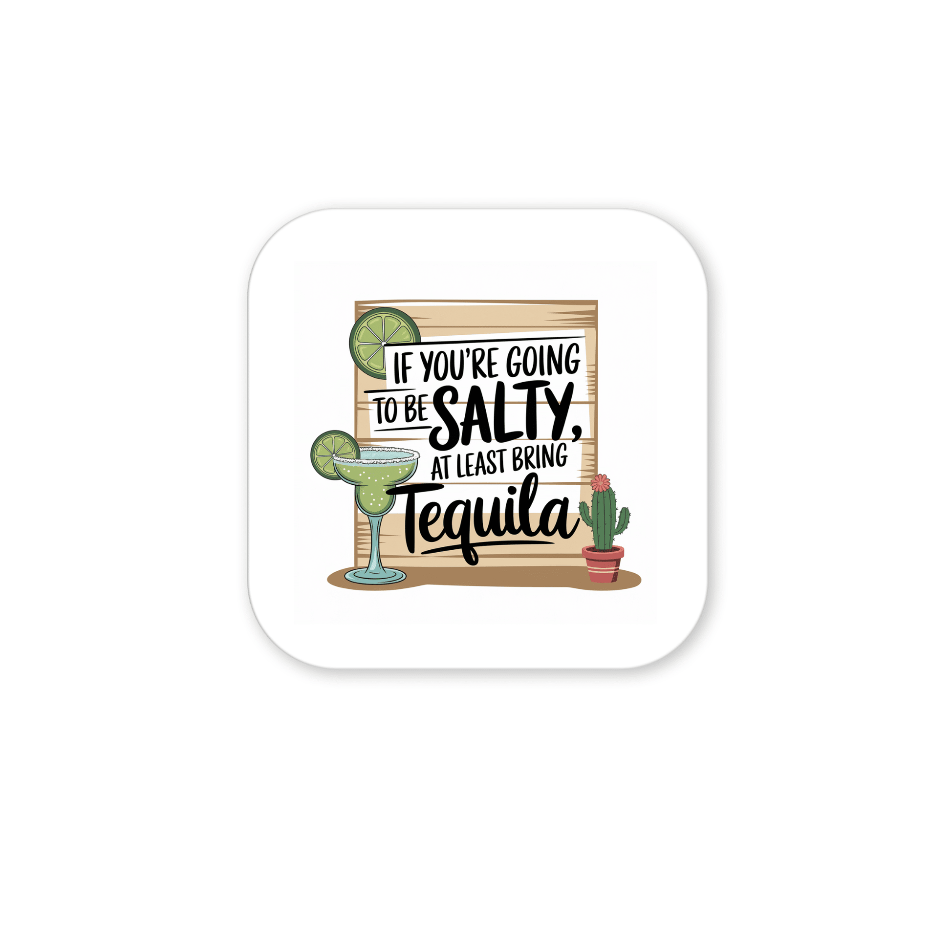 The Salty Tequila Magnet by Mirabilia Boutique features a margarita glass, lime, cactus, and the quote "If you’re going to be salty, at least bring tequila"—a fun fridge accessory or gift for margarita lovers.