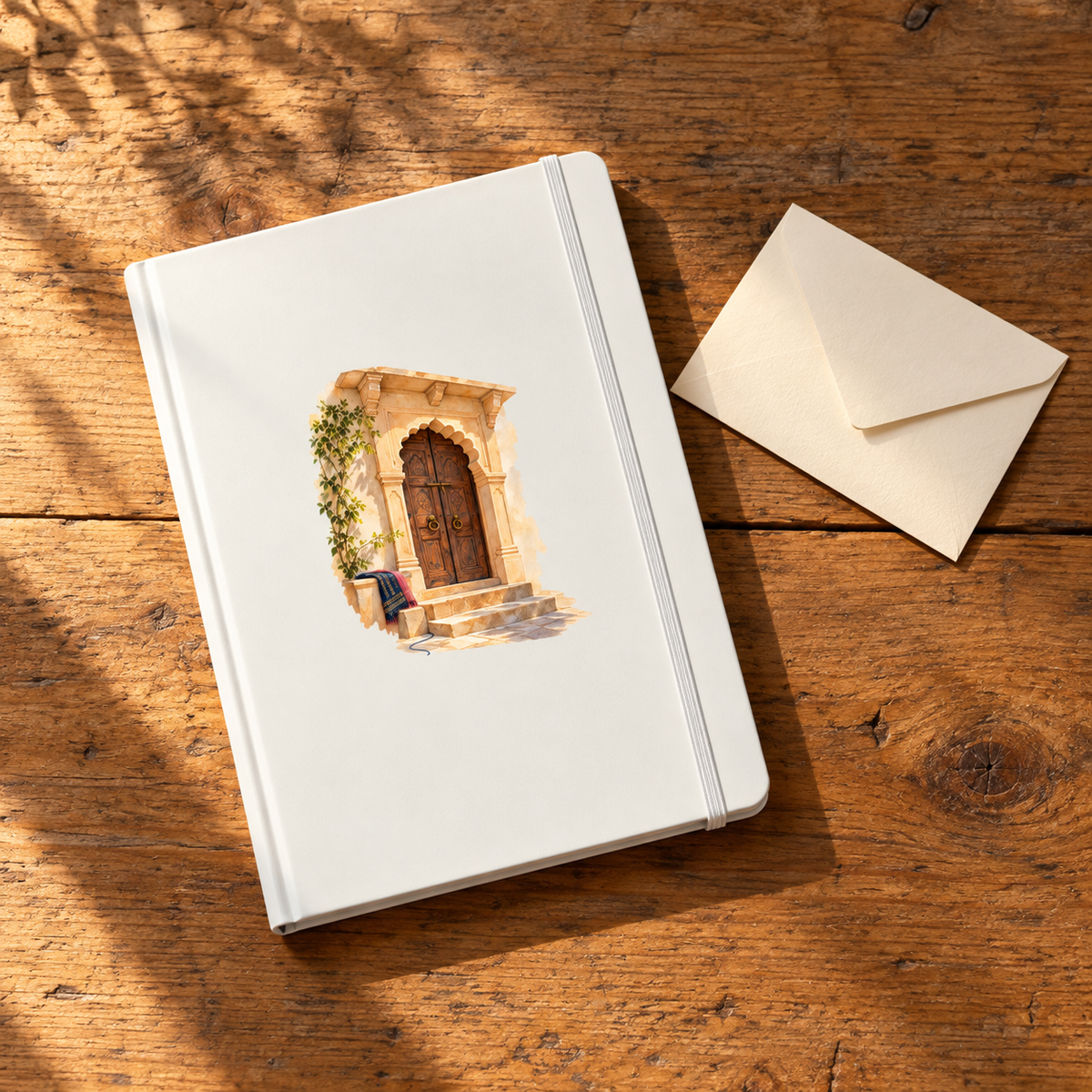 A House in the Margin A5 Journal | Sand & Saffron with an illustrated doorway cover and an envelope resting on a wooden table.