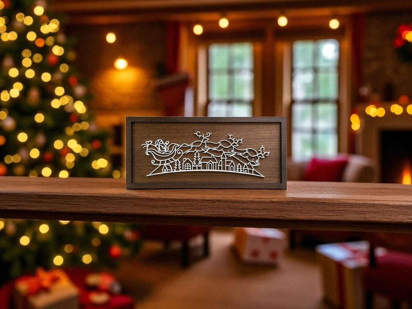 The Santa Sleigh Laser Cut Sign by Mirabilia Boutique adds festive charm to your holiday decor, bringing modern Christmas wall art to any cozy room with its precision design and seasonal style.