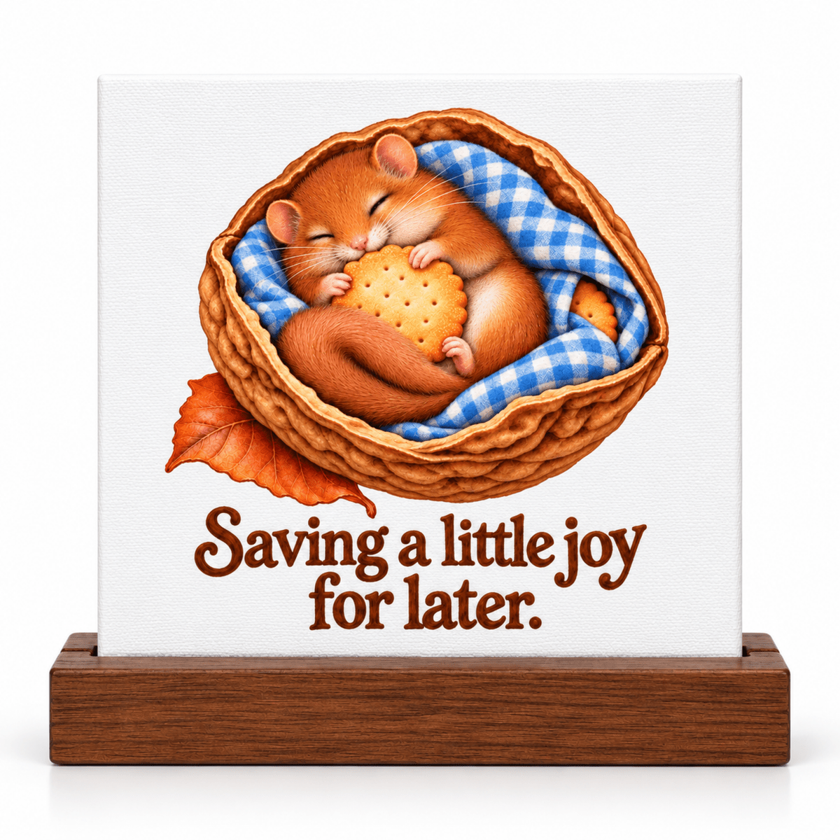 A small sleeping dormouse curls inside a walnut shell on a blue checkered cloth, clutching a round cracker, depicted on a Saving a Little Joy Mini Sign.