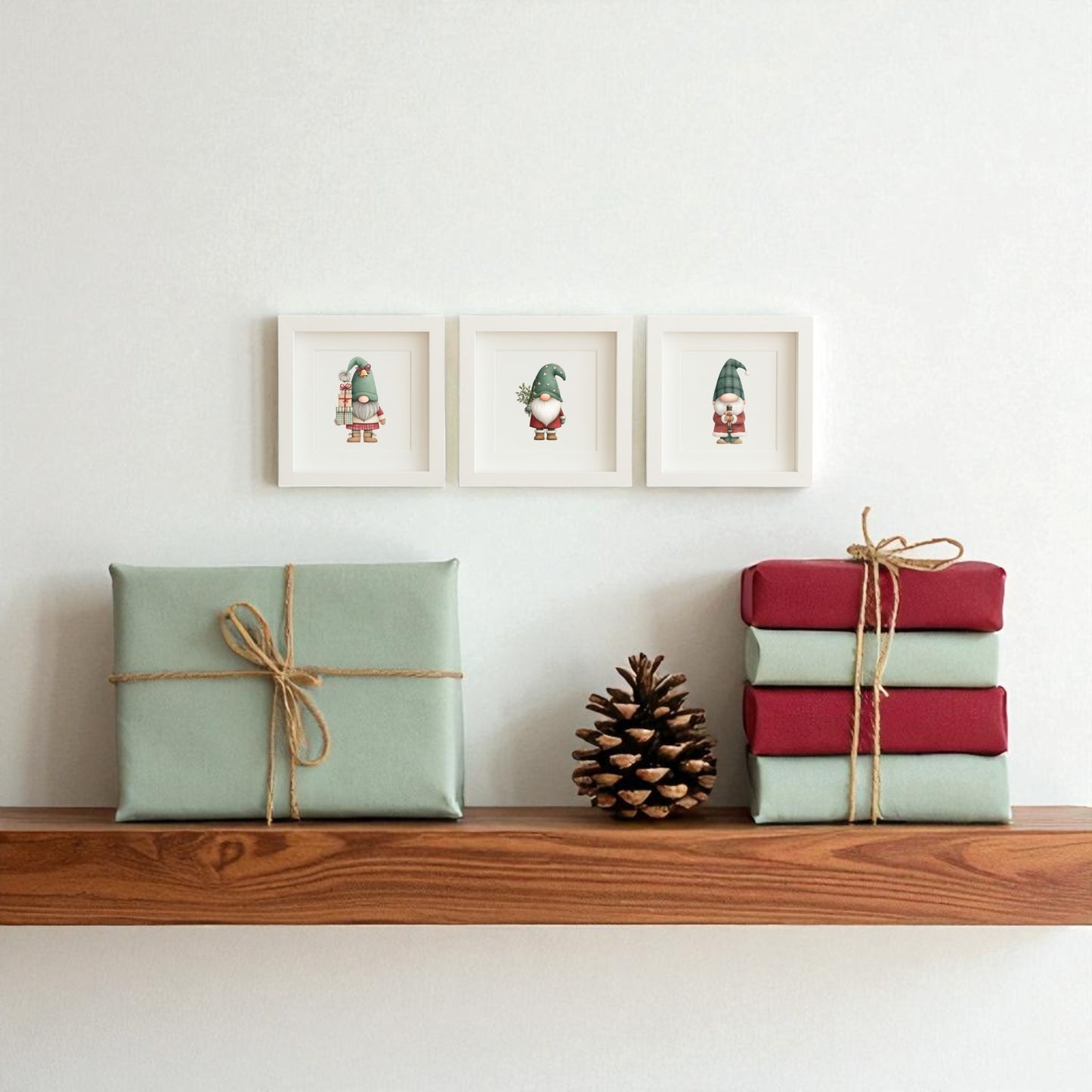 A wooden shelf with three wrapped gifts and a pine cone sits below the Scandinavian Gnome Art Trio | Framed Christmas Decor by Mirabilia Boutique, adding playful holiday charm to the white wall.