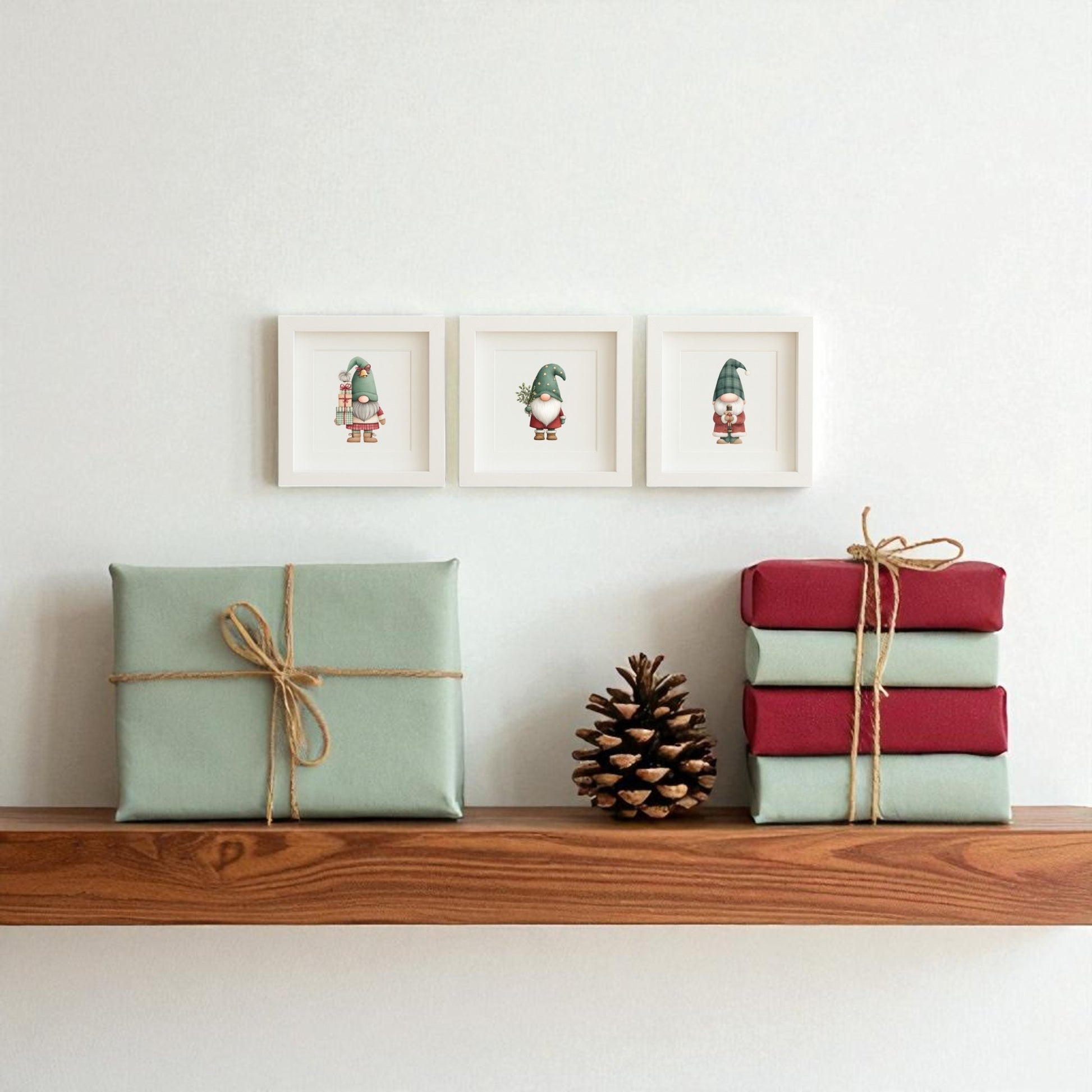A wooden shelf with three wrapped gifts and a pine cone sits below the Scandinavian Gnome Art Trio | Framed Christmas Decor by Mirabilia Boutique, adding playful holiday charm to the white wall.