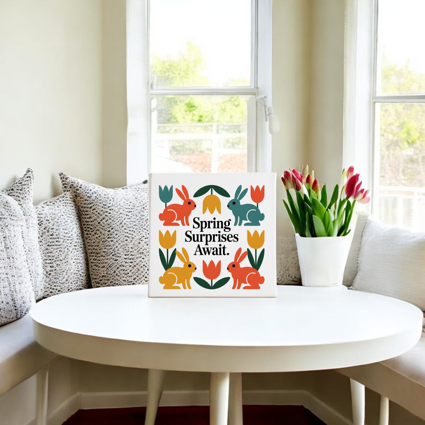 A white round table is decorated for Easter with a vase of tulips and Mirabilia Boutique's "Spring Surprises Await" 8x8 Canvas featuring colorful bunnies, surrounded by a cushioned bench by sunny windows for a cozy, cheerful vibe.