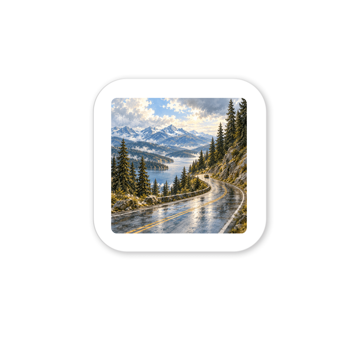 The Scenic Byway Magnet features a square painting of a winding mountain road along a lake, with pine trees and snow-capped peaks in the distance.