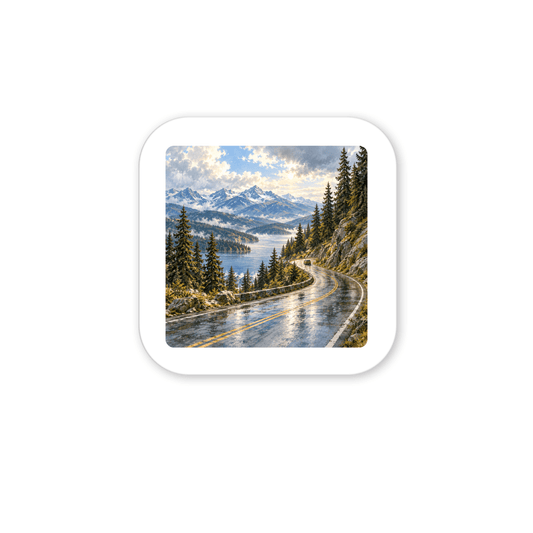 The Scenic Byway Magnet features a square painting of a winding mountain road along a lake, with pine trees and snow-capped peaks in the distance.