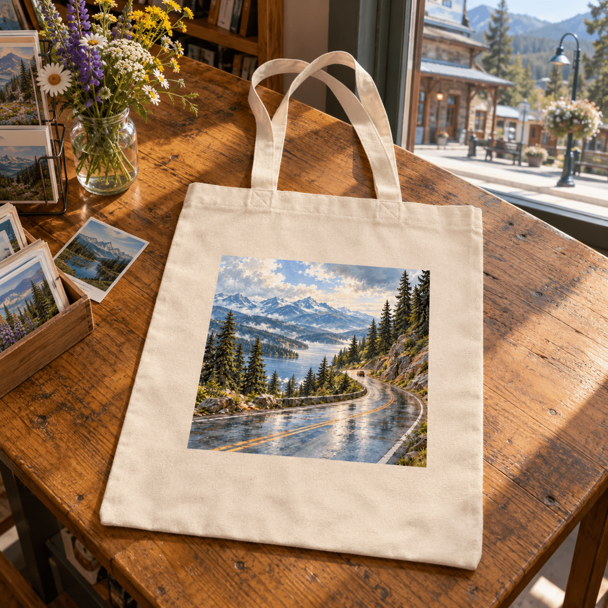 The Scenic Byway Tote Bag featuring a scenic landscape of a mountain road winding along a lake with pine trees.