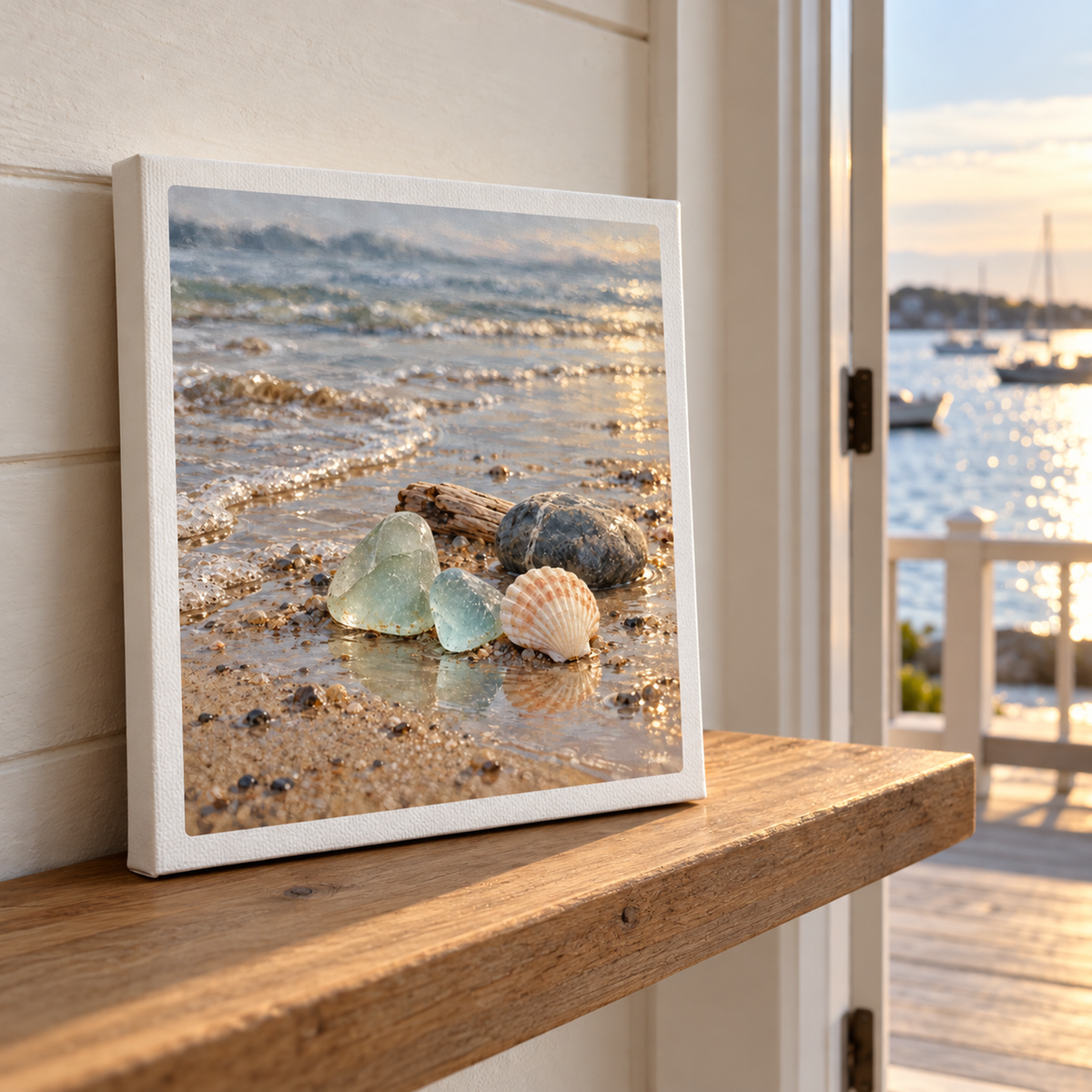 A square Sea Glass Morning Canvas by Mirabilia Boutique featuring a beach scene with sea glass, a seashell, and a small rock on the sand, resting on a wooden shelf overlooking a harbor at sunset.