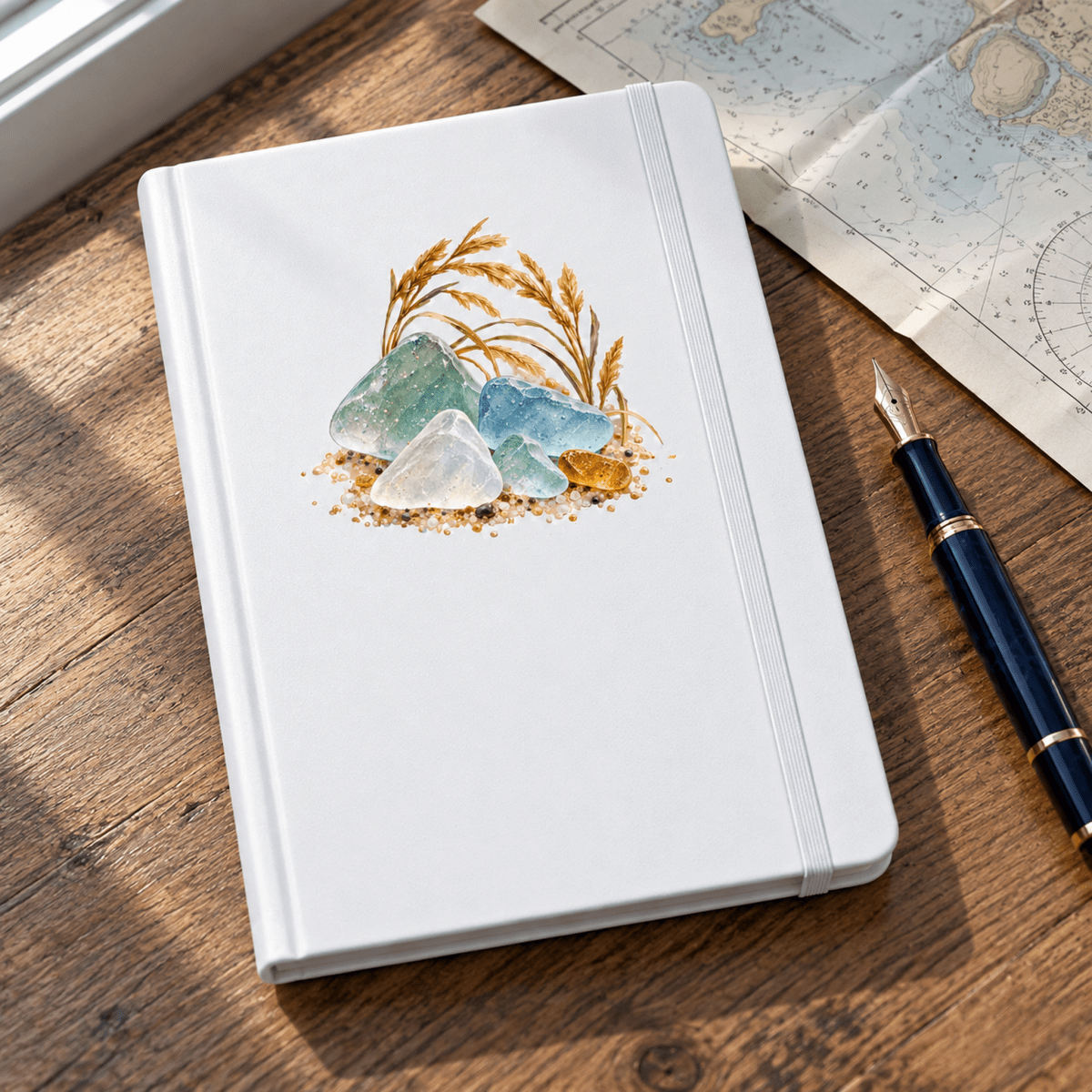 A white A5 A Little of the Shore Journal featuring a central illustration of sea glass, sand, and beach grass, resting on a wooden desk next to a fountain pen and a nautical map.