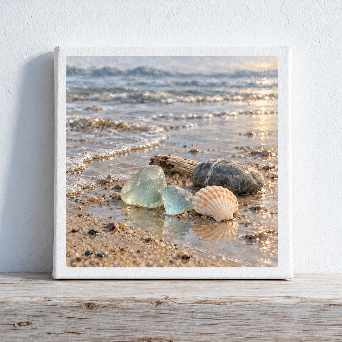 The Sea Glass Morning Canvas by Mirabilia Boutique features sea glass, a seashell, and a stone resting on a wet, sunlit beach at the ocean’s edge.