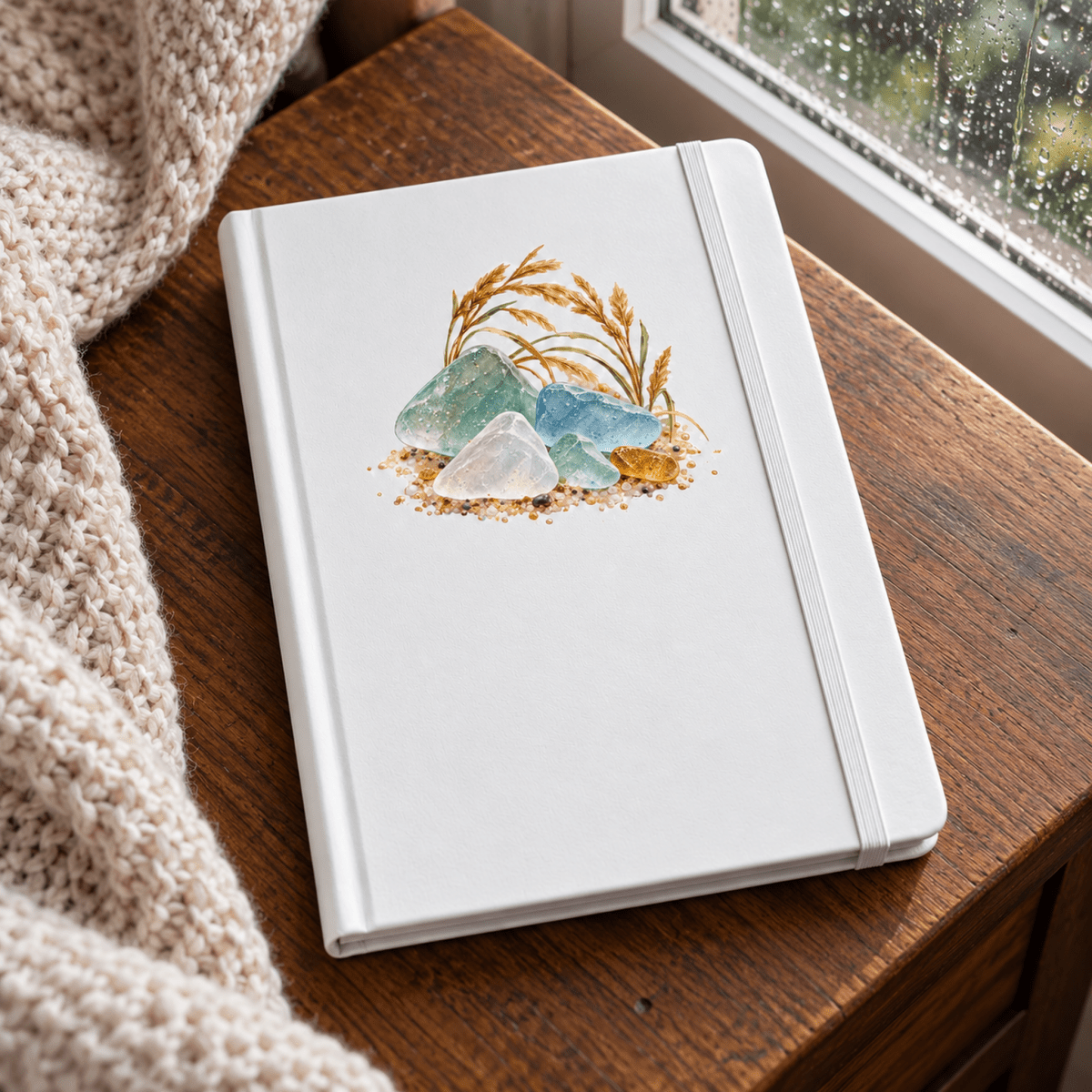A Little of the Shore Journal, a white notebook with an illustrated cover design of sea glass, sand, and beach grass.