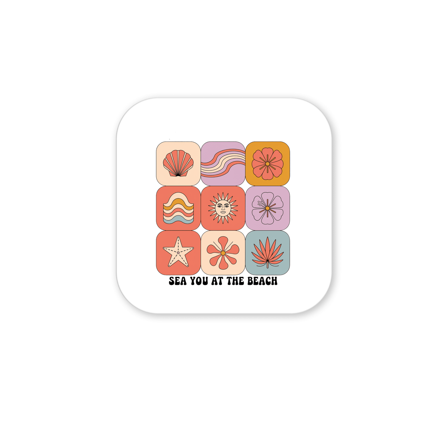 The Sea You at the Beach Magnet – Retro Summer Vibes from Mirabilia Boutique features twelve colorful beach-themed squares and "SEA YOU AT THE BEACH" text. Perfect for coastal decor or as a retro fridge magnet.