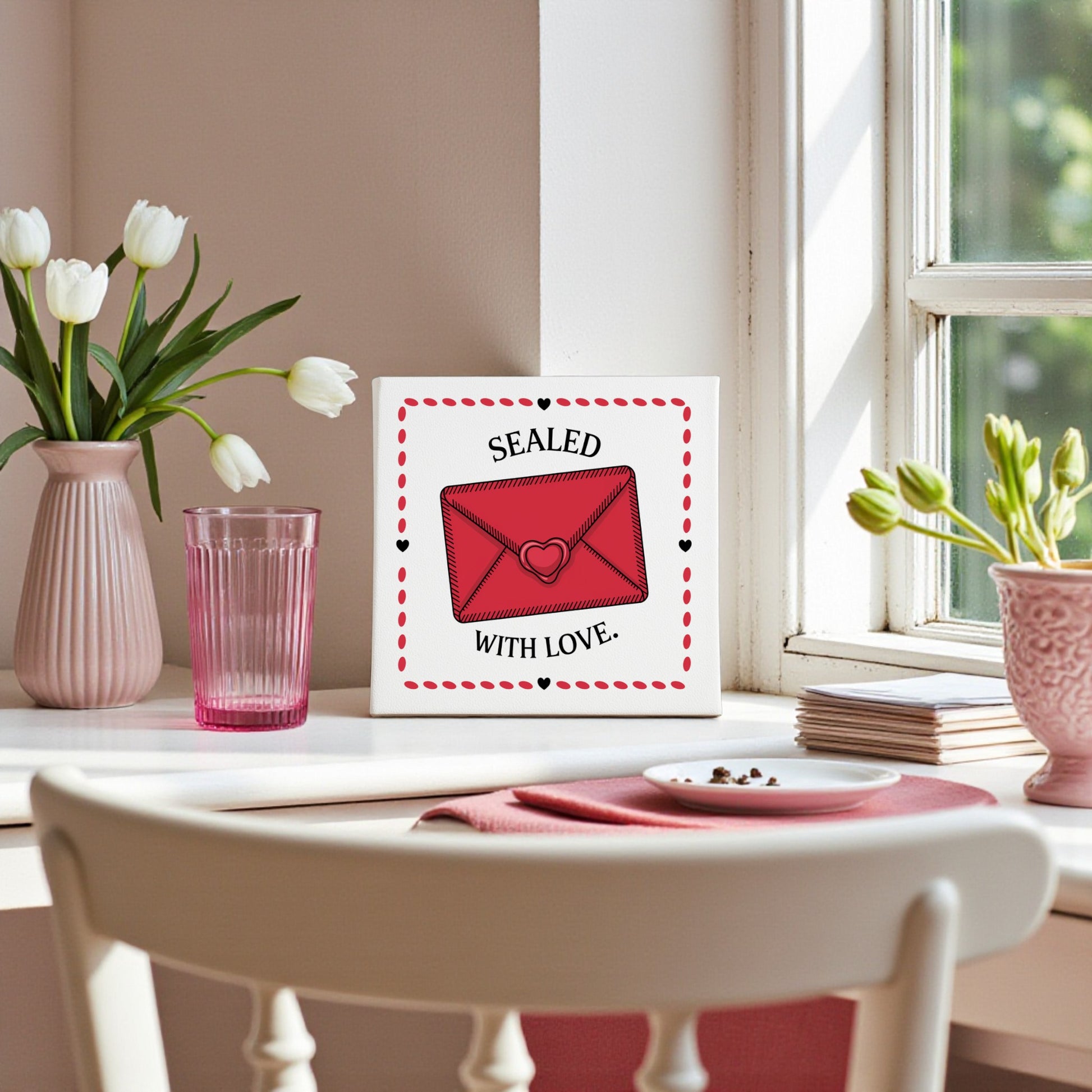 A white table by the window features a vase of white tulips, pink glassware, stacked plates, and Mirabilia Boutique’s Sealed With Love Valentine Canvas Art—perfect Valentine’s Day decor with vintage romance charm.
