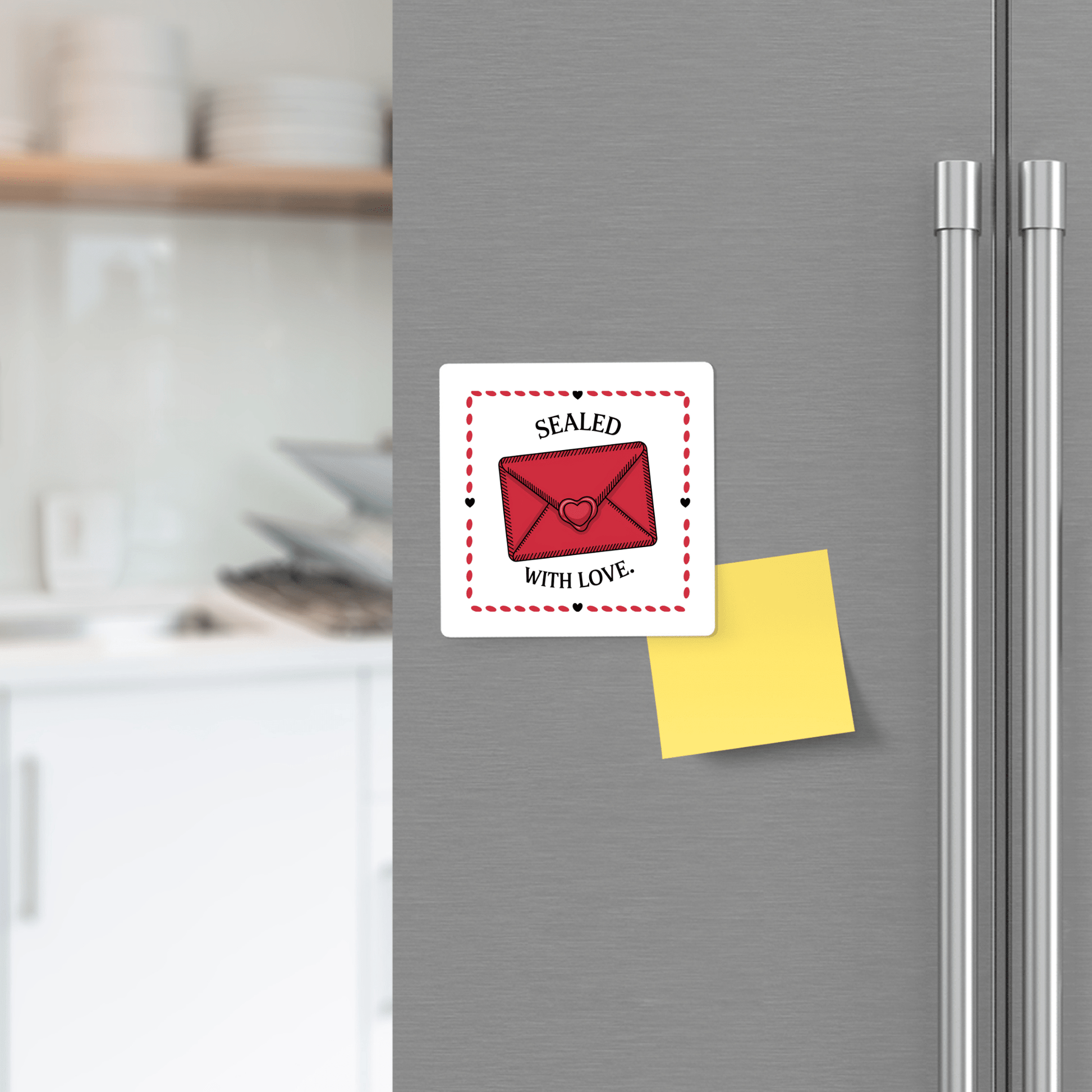On a refrigerator door, the Mirabilia Boutique "Sealed with Love Envelope Magnet" in red is displayed above a blank yellow sticky note, set against the softly blurred backdrop of a kitchen.