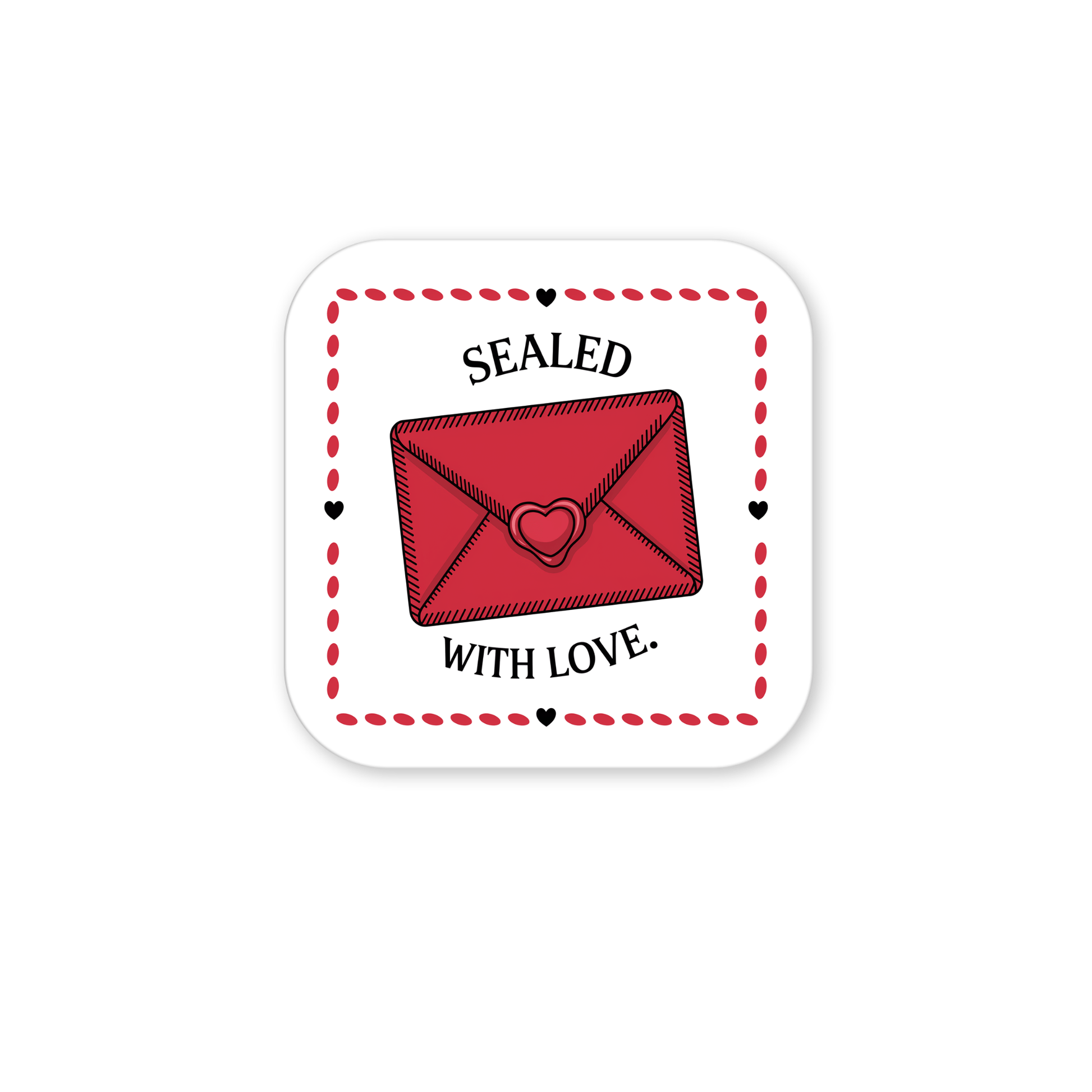 The Sealed with Love Envelope Magnet by Mirabilia Boutique features a red envelope with a heart seal on a white square with a dotted red border, surrounded by "SEALED WITH LOVE." and small hearts—a charming romantic fridge magnet.