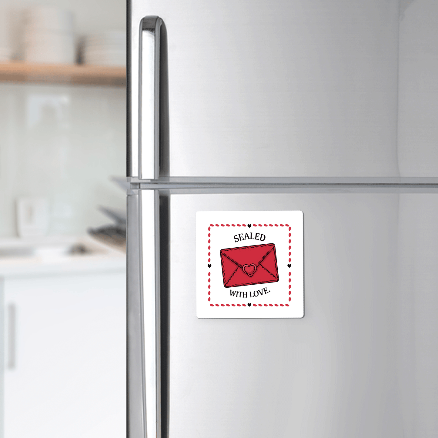 A refrigerator displays the Mirabilia Boutique Sealed with Love Envelope Magnet, a romantic red envelope-shaped magnet, on its door. Kitchen counter and dishes can be seen in the background.