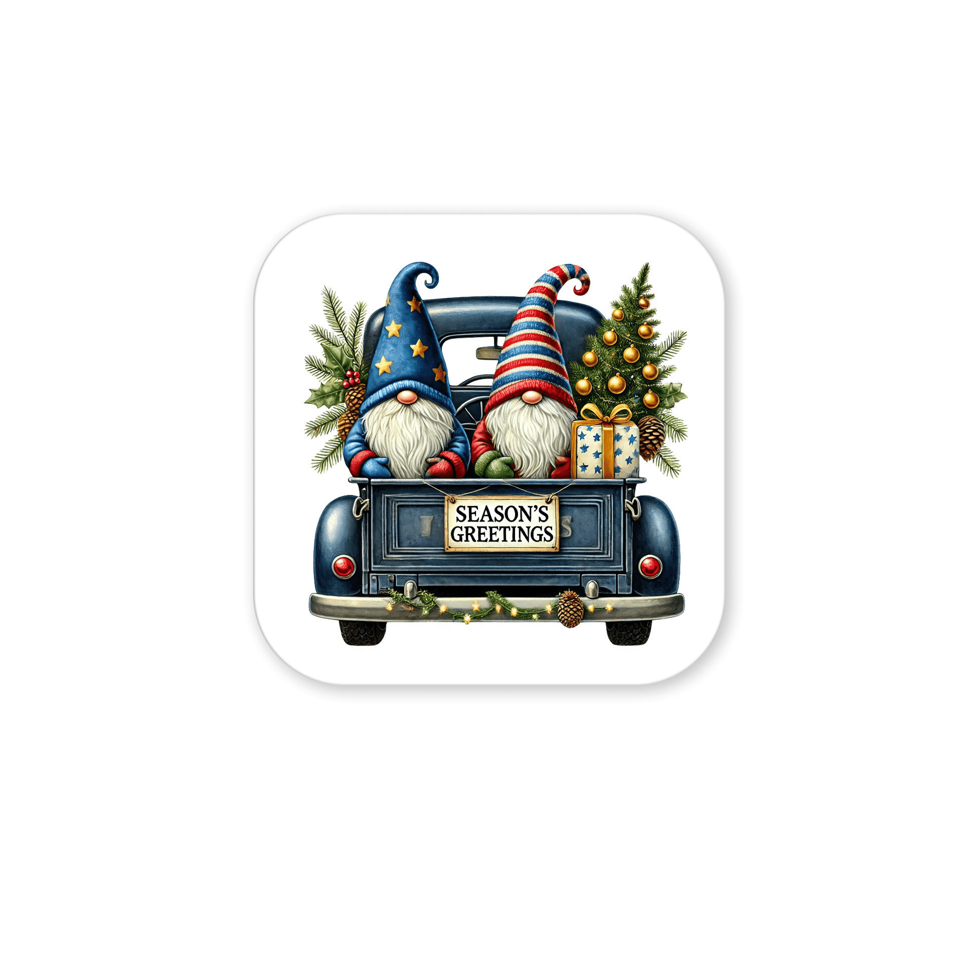 The Season’s Greetings Gnome Magnet by Mirabilia Boutique features two festive gnomes in a blue truck with pine branches, gifts, and a Christmas tree. “Season’s Greetings” is on the tailgate—perfect for charming holiday decor!.