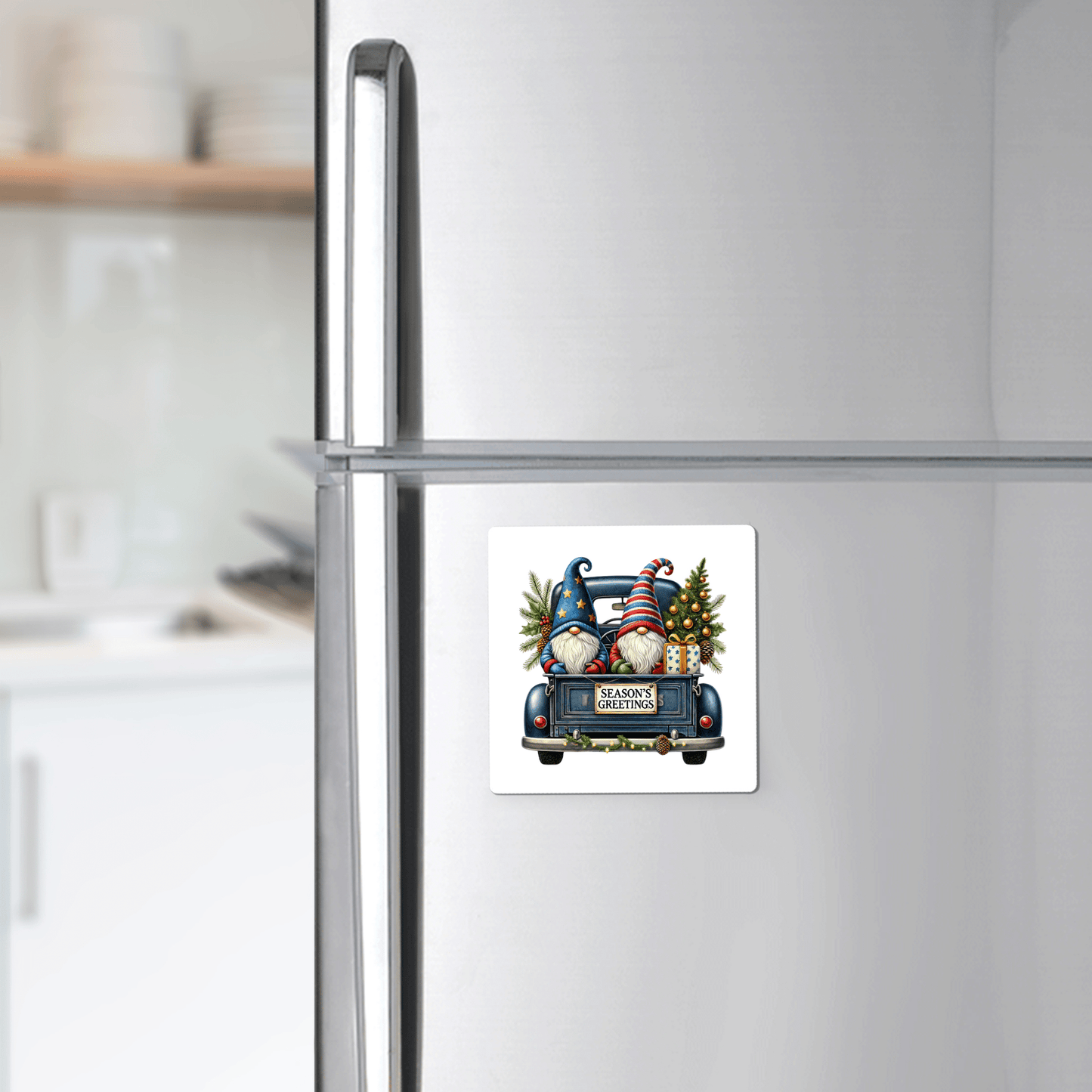Add festive charm to your kitchen with the Mirabilia Boutique Season’s Greetings Gnome Magnet, featuring a vintage blue truck filled with gifts and a Christmas tree—a perfect holiday accent for your fridge.