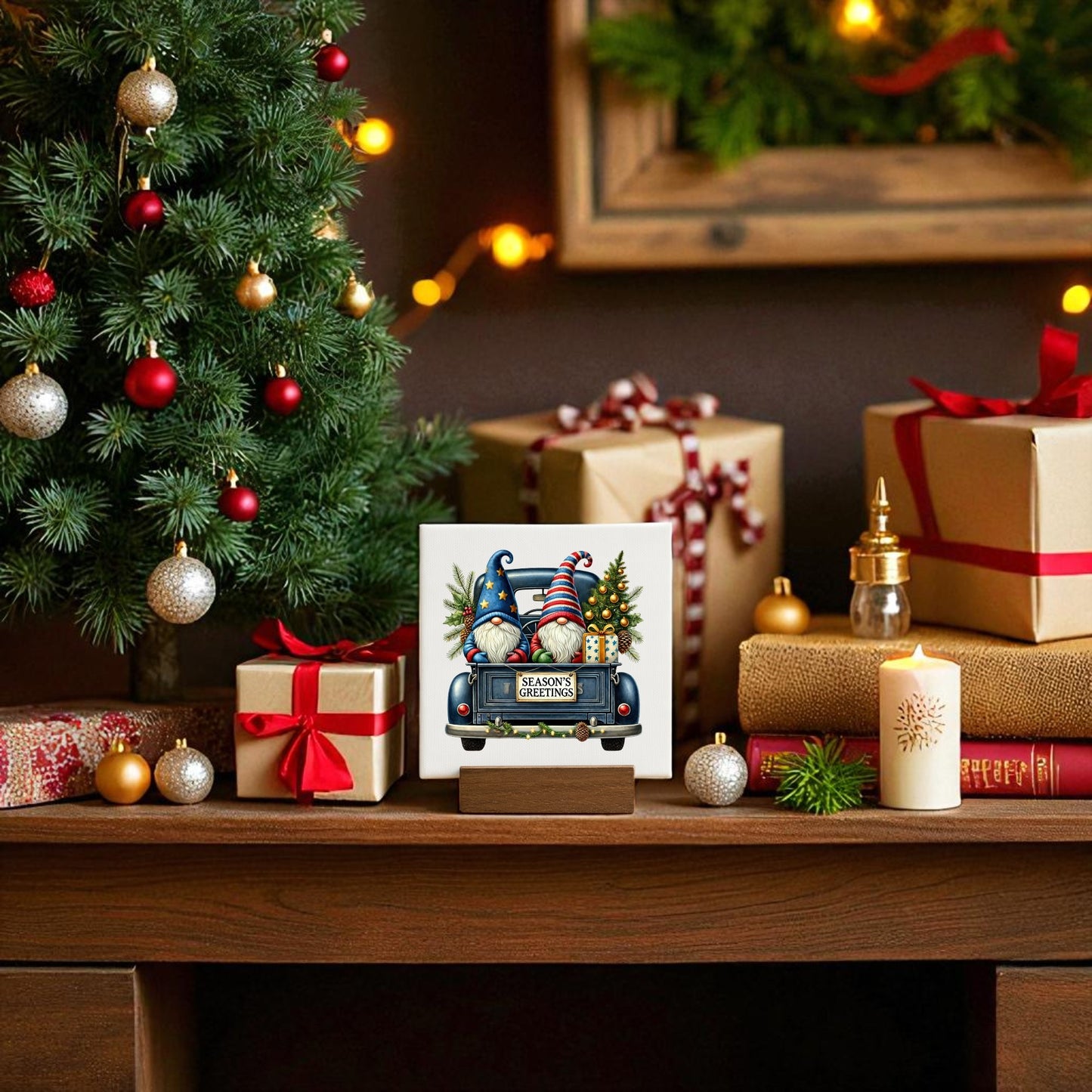 Create a cozy holiday scene with Mirabilia Boutique’s Season’s Greetings Gnome Mini Sign (4x4 Holiday Canvas) on your table, surrounded by a decorated tree, wrapped gifts, a lit candle, garlands, ornaments, and glowing string lights.