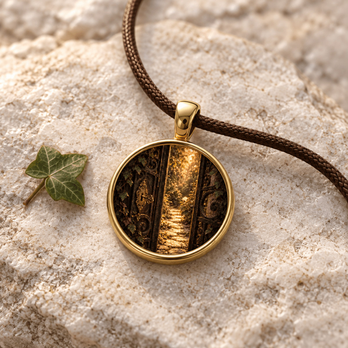 The Gate Unlocked | Story Pendant by Mirabilia Boutique, part of the Velvet Ruins collection, showcases an image of a sunlit garden path and an ornate gold gate. The pendant rests on a textured stone surface beside a small green ivy leaf.