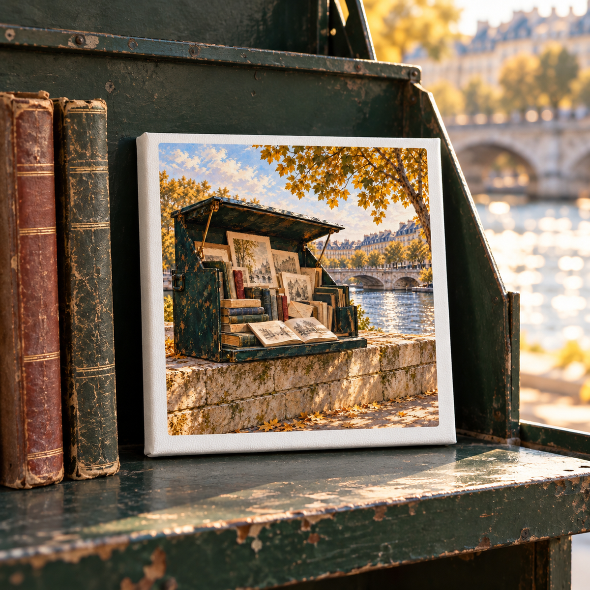 Books Beside the River Canvas | Paris Toujours, a canvas print of an open book stall on a stone wall overlooking a river in Paris, displayed on a worn green wooden surface next to two antique books.