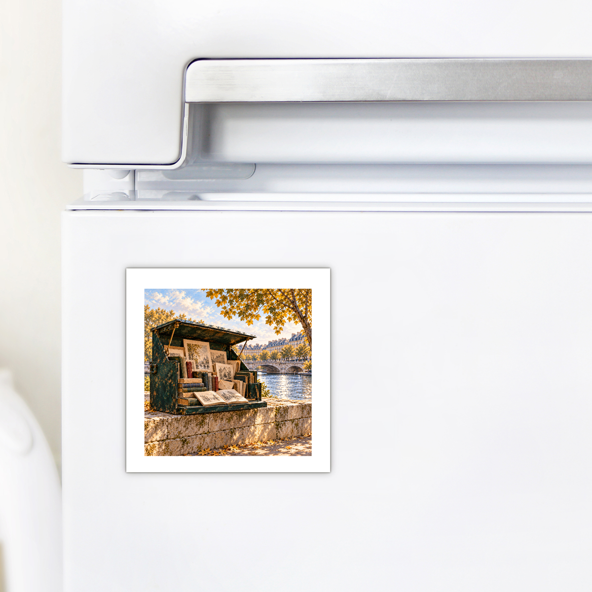 A Books Beside the River Magnet | Paris Toujours, featuring a square decorative hardboard print of a riverside book stall in Paris, displayed on a white refrigerator.